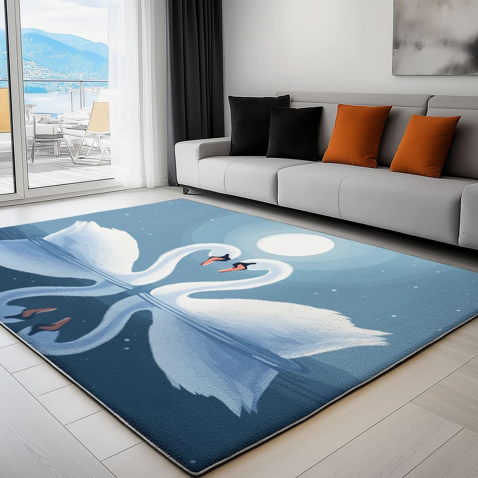 Bleu Tapis Enfant 140x200 cm Ciel Étoilé Lune Animaux Cygnes, Tapis Lavable en Machine et Antidérapant, Moquette à Poil Ras Doux pour Chambre et Salle de Jeux