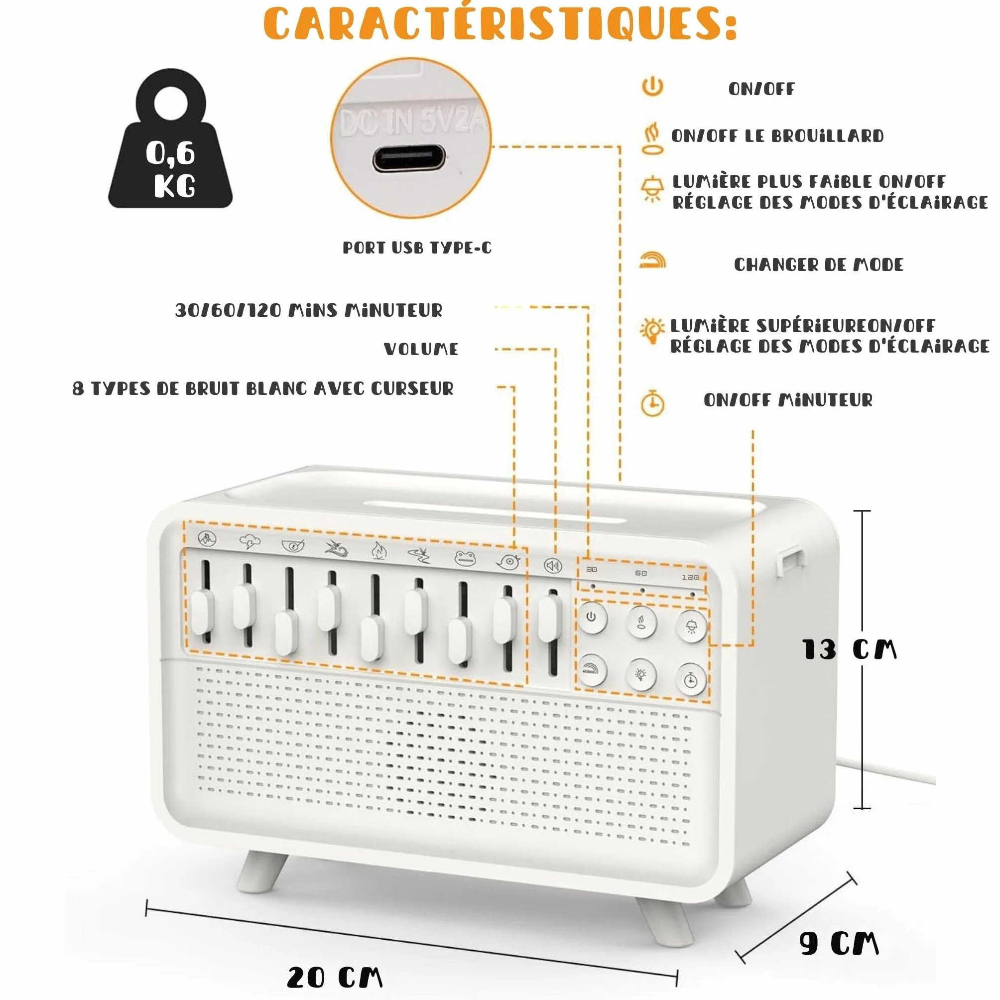 Enceinte Bluetooth 4 en 1 - Machine à bruit blanc pour bébés et adultes, humidificateur avec veilleuse et aromathérapie