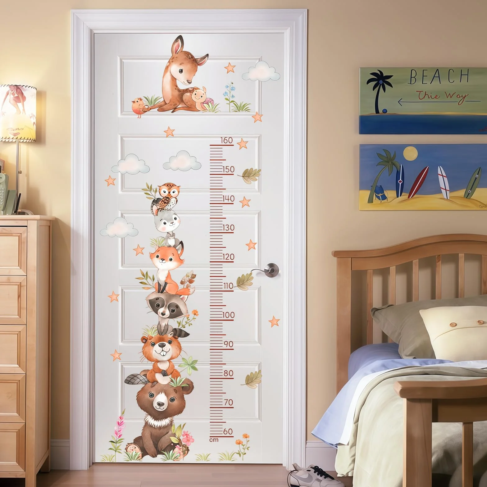 Toise adhésive murale animaux forêt 60-160 cm étanche pour chambre bébé enfant