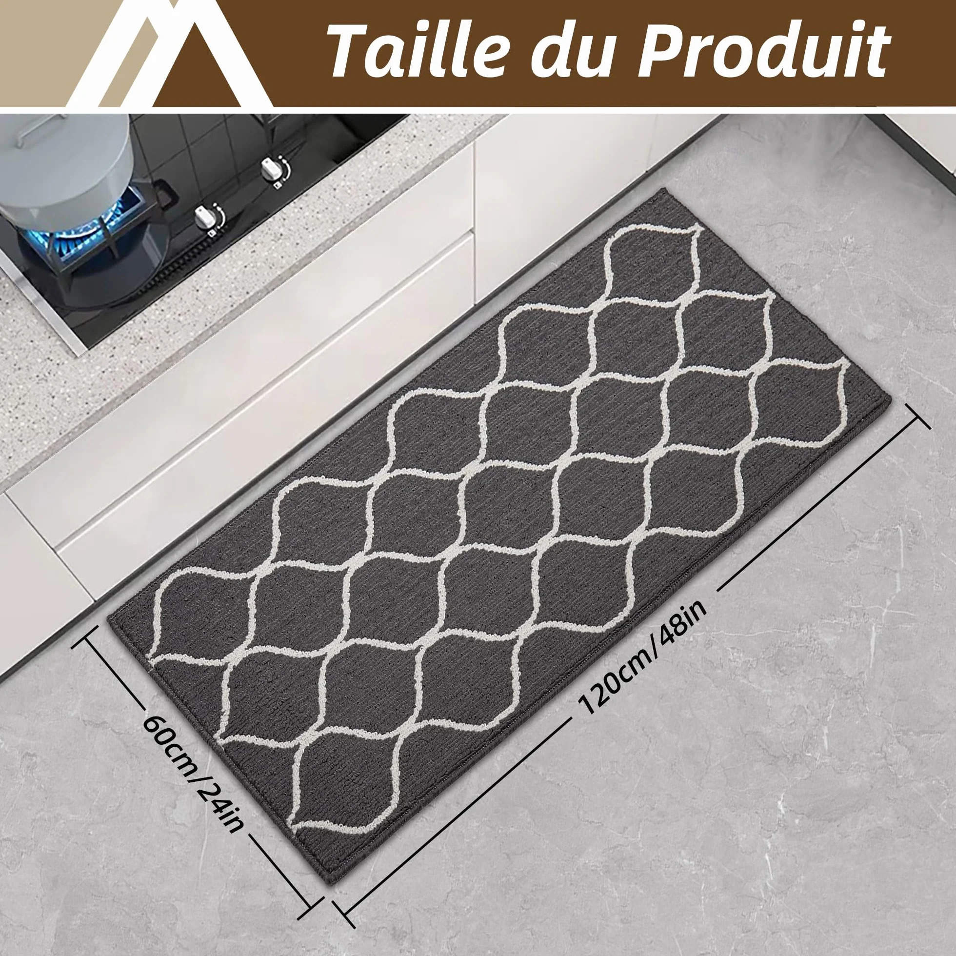 Tapis de Cuisine Antidérapant 60 x 120 cm Devant Evier Gris