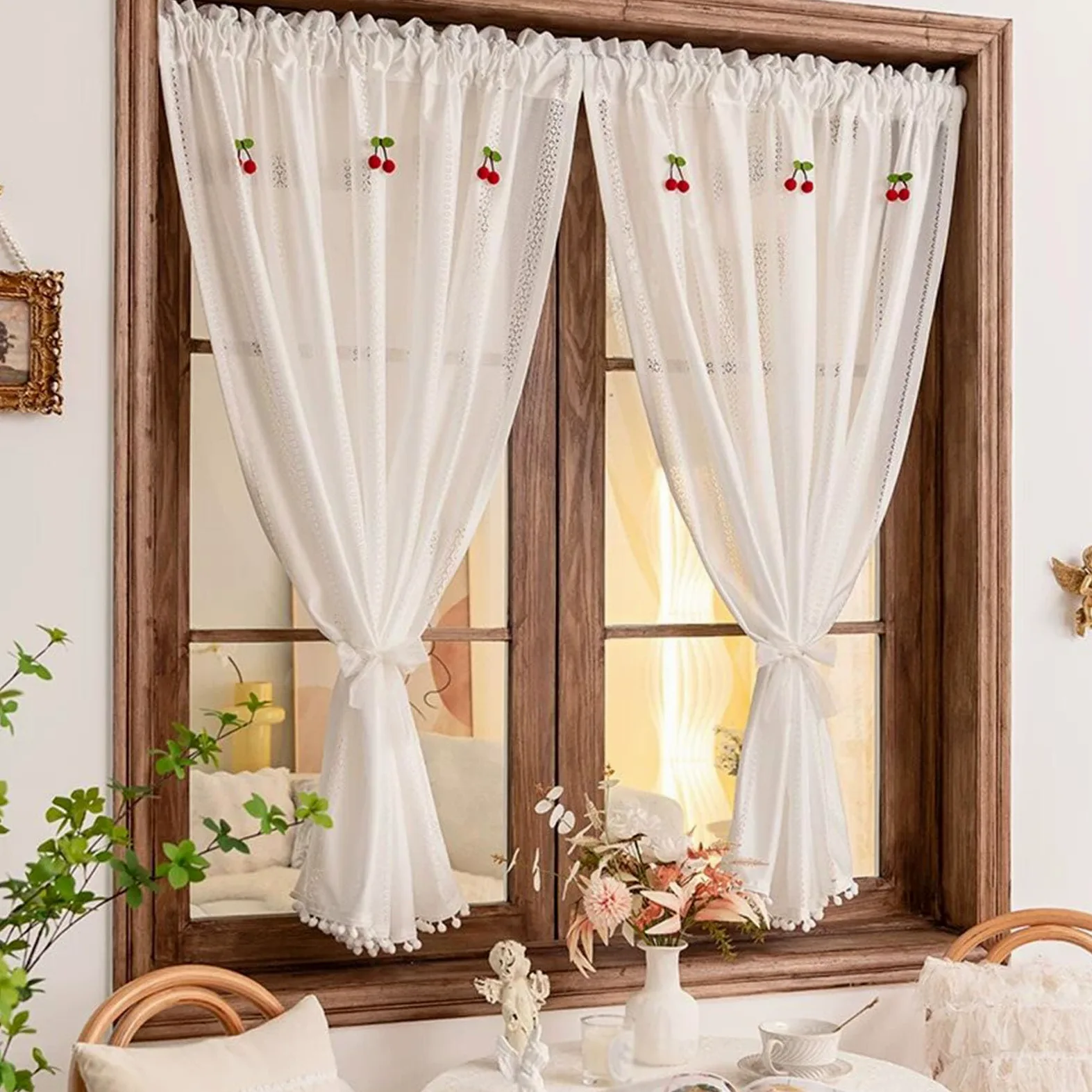 Rideaux en Dentelle Blanc avec Pompons, 2 Pièces Rideau Florales au Crochet de Ferme Française Filtre la Lumière Poche de Tige pour Armoire Salon(WxH250x180cm/98x71inch)
