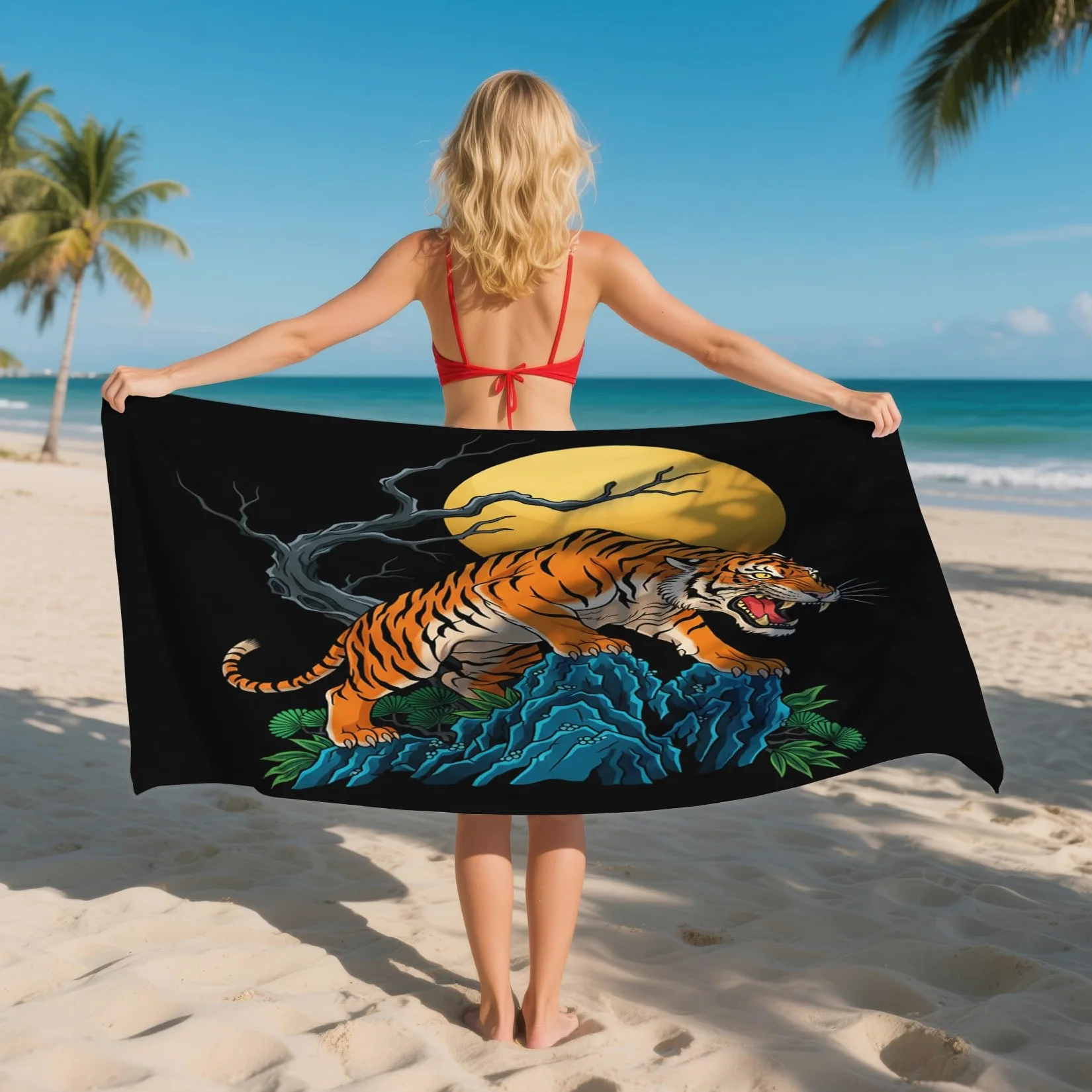 Serviette de Plage XXL Microfibre Tigre Style Asiatique Japonais, Drap de Plage Séchage Rapide Anti Sable & Légère, Serviette de Bain Grande Taille 150x200 cm, Accessoire & Cadeau été