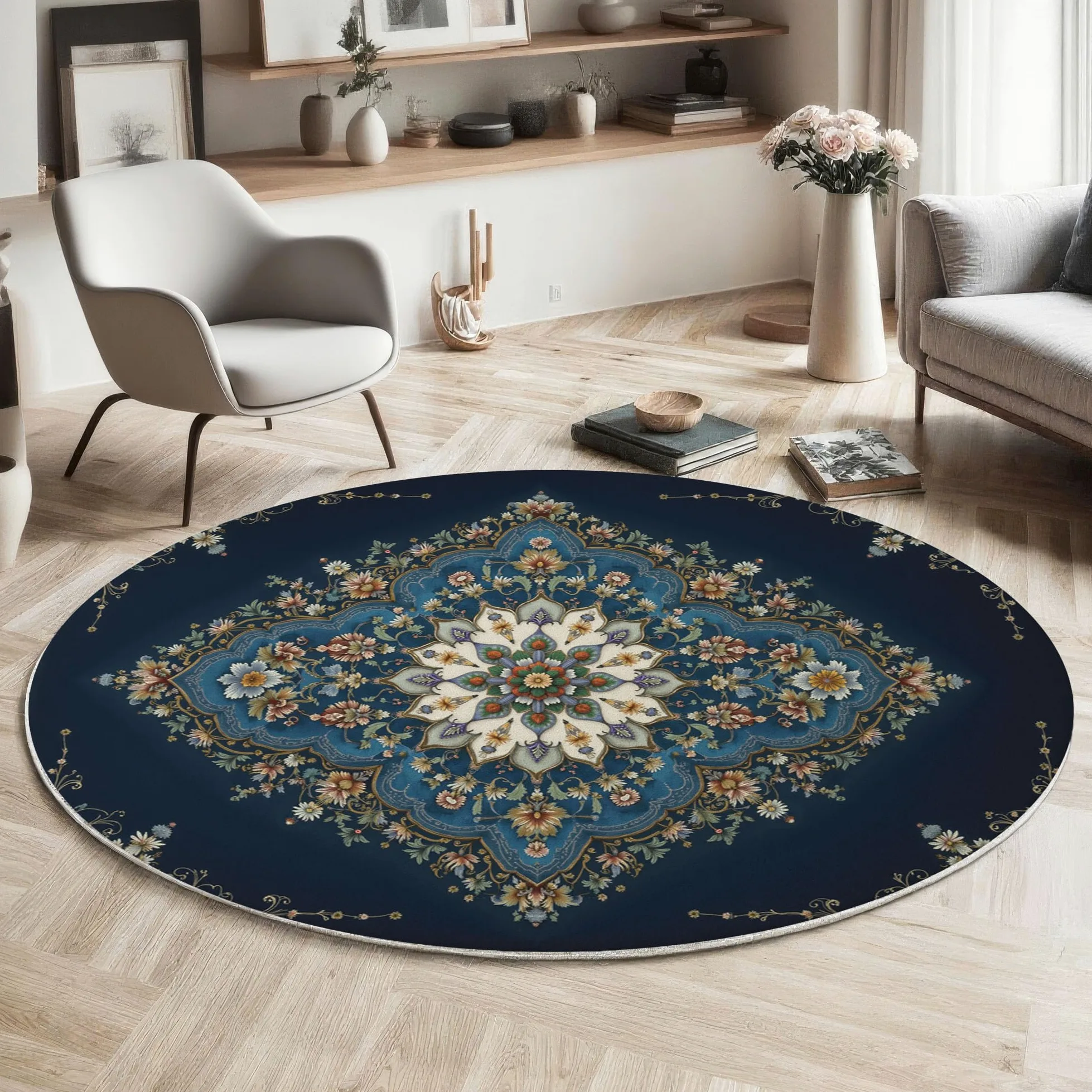 Tapis Rond 120cm Lavable Machine, Moquette Antidérapante Poil Bas Style Style de Tapis Persan, Motif Motif Floral géométrique Doux pour Salon, Chambre, Cuisine, Nursery, Bureau Bleu foncé