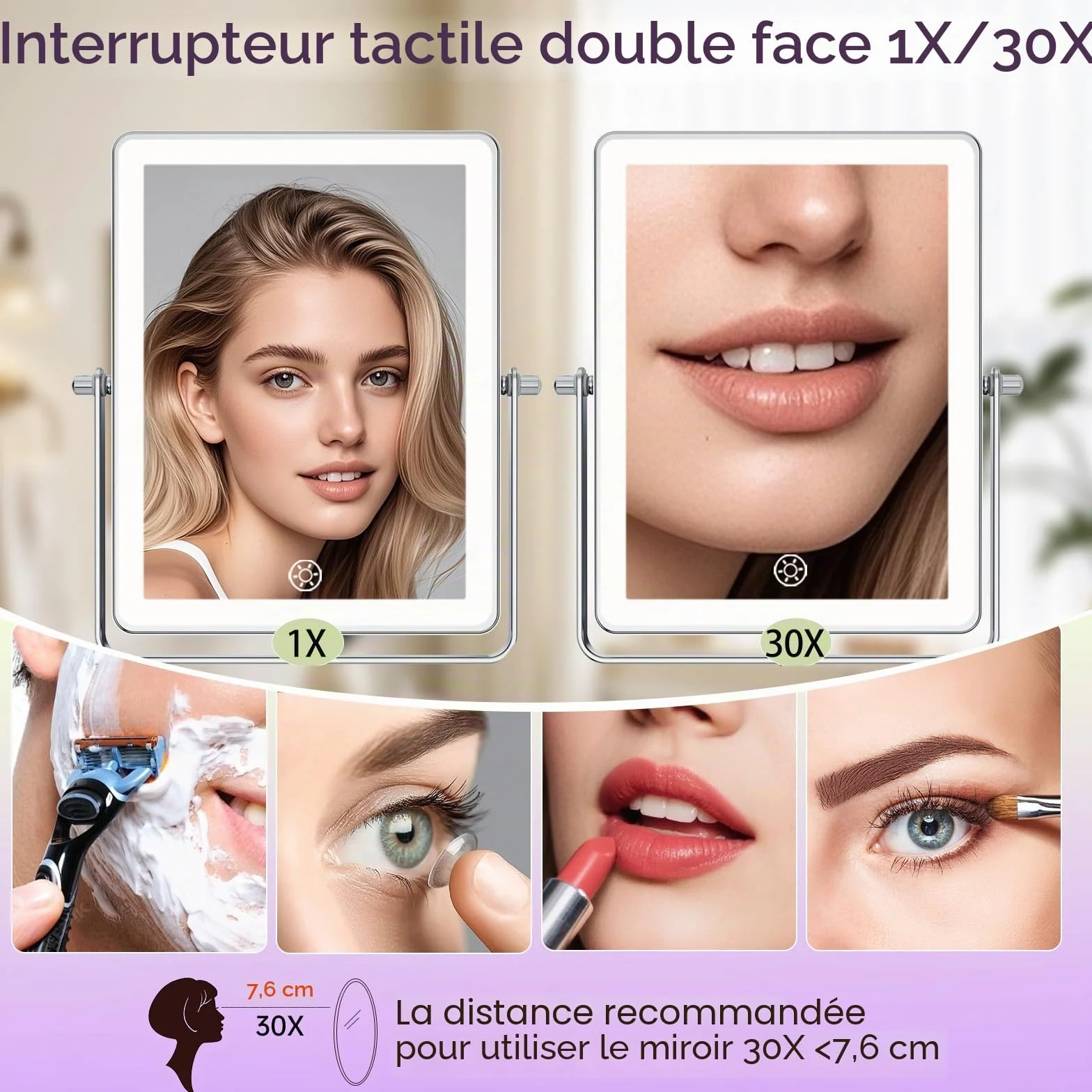 Famihomii Miroir Maquillage Lumineux Rechargeable 5000mAh 8,7" Double Usage 1X/30X Grossissement Mural 3 Températures de Lumière Pivotant 360° Chrome