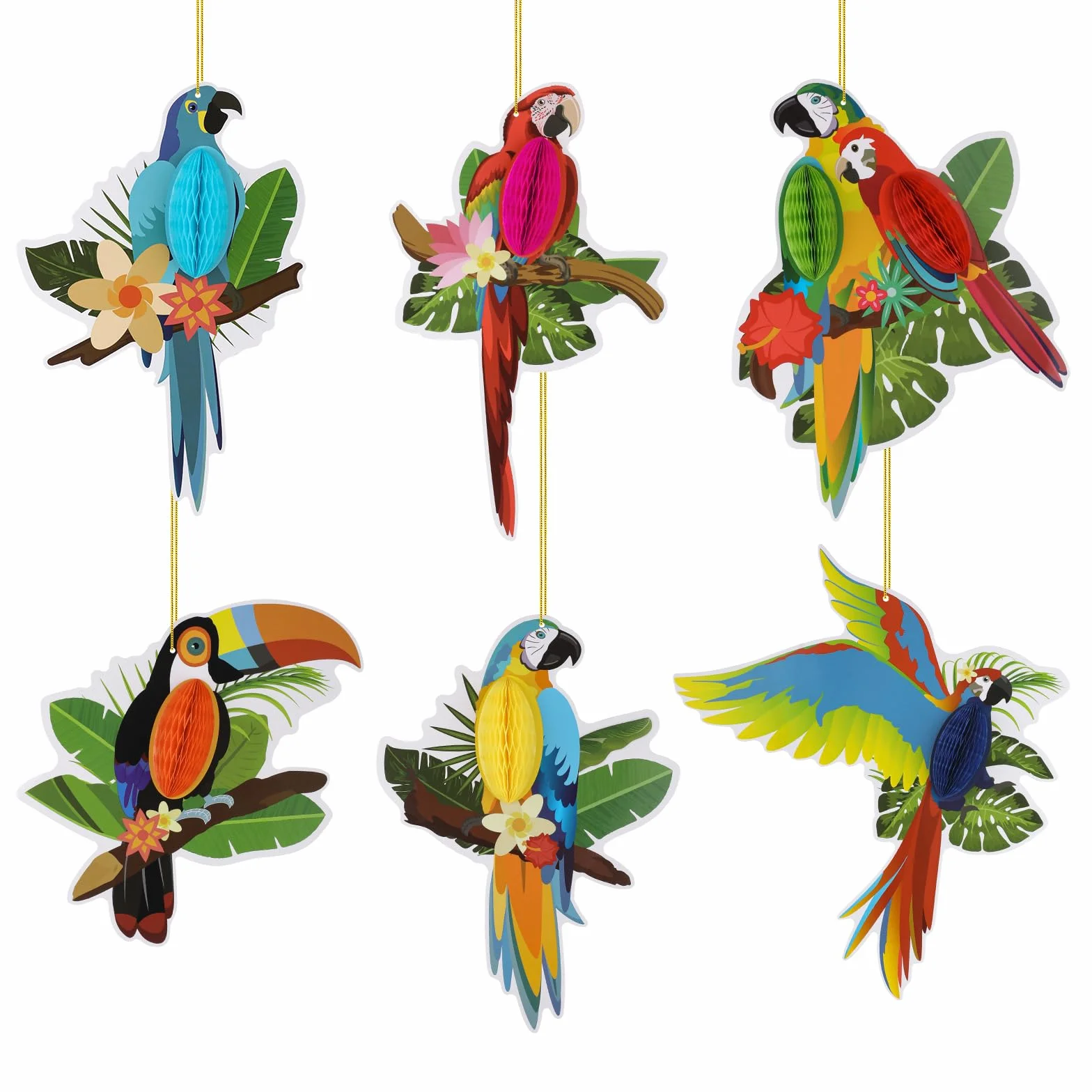 Lot de 6 découpes en papier nid d'abeille oiseaux tropicaux, perroquet hawaïen, décoration fête forêt tropicale