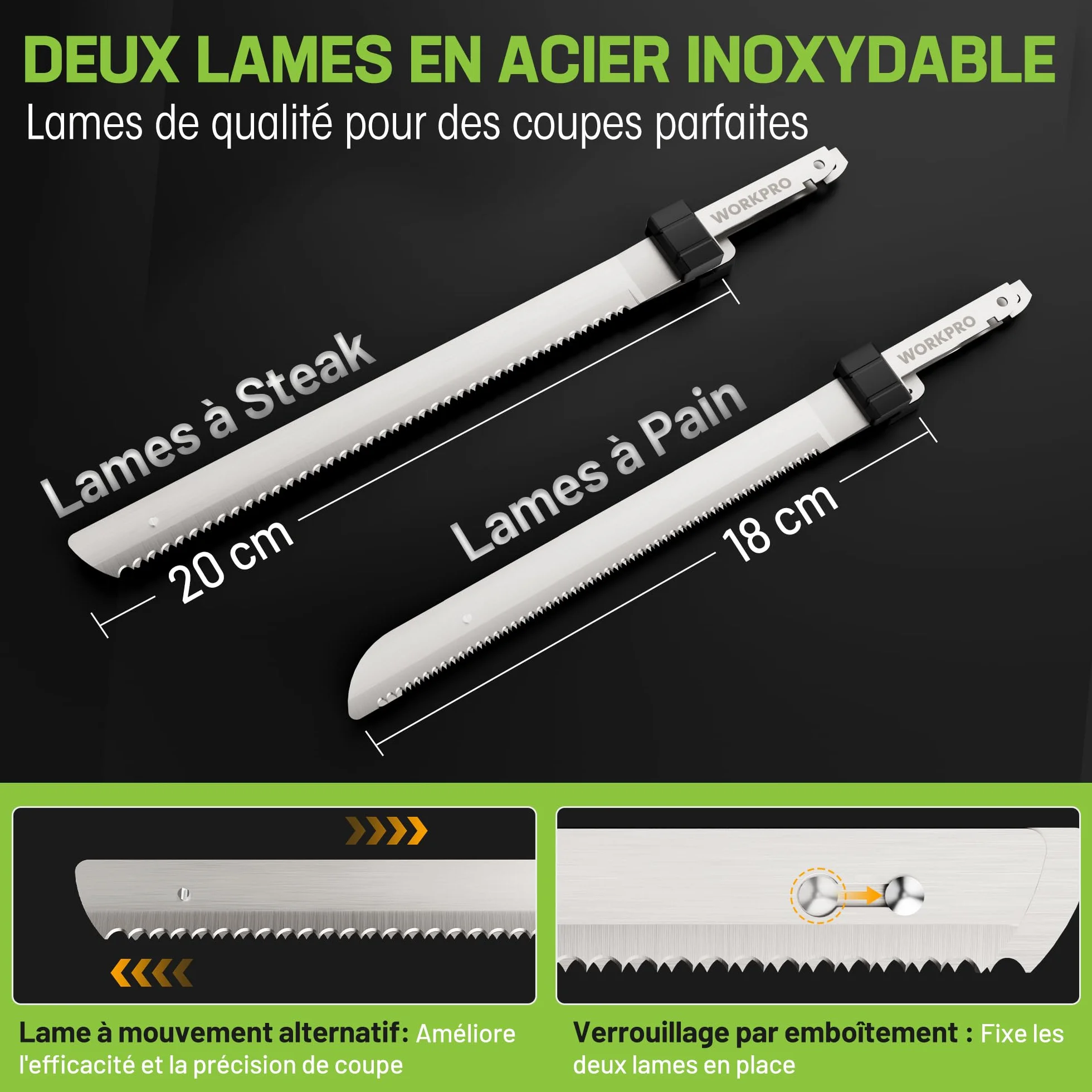 WORKPRO Couteau Électrique Sans Fil 8V, 2 Lames Acier Inoxydable, Lavable Lave-Vaisselle