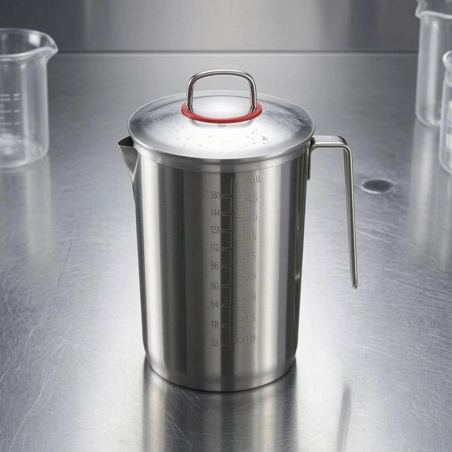 Laboratoire Verre Mesure Récipient Inoxydable Gradué Poignée Métallique Bec Verseur Adapté à Cuisine Préparation de Recettes Mélange, 3 L, Avec Couvercle En Verre