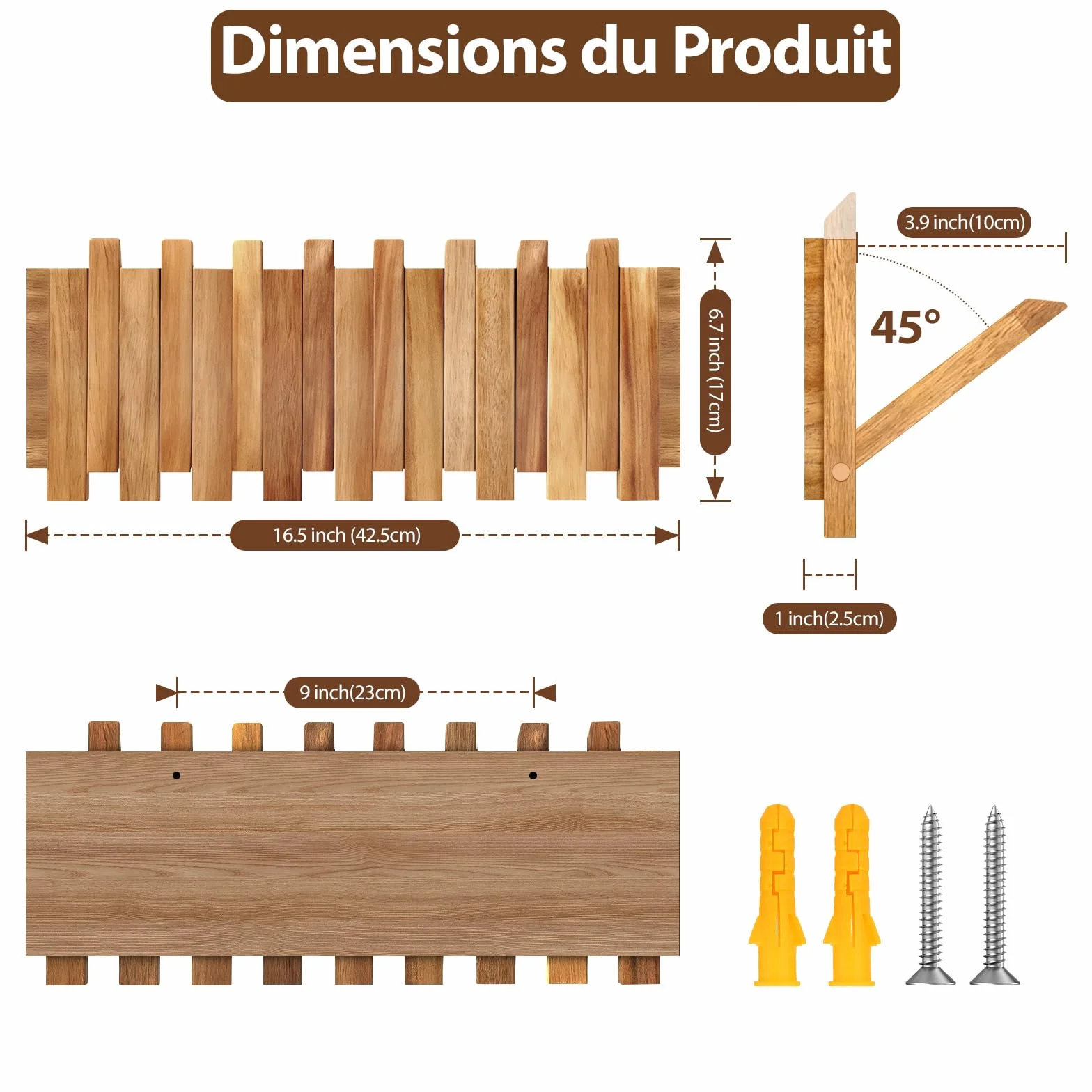 Porte-Manteau Mural en Bois avec 8 Crochets, Crochets Pliables, Design Moderne, 42,5 x 16 x 2,5 cm