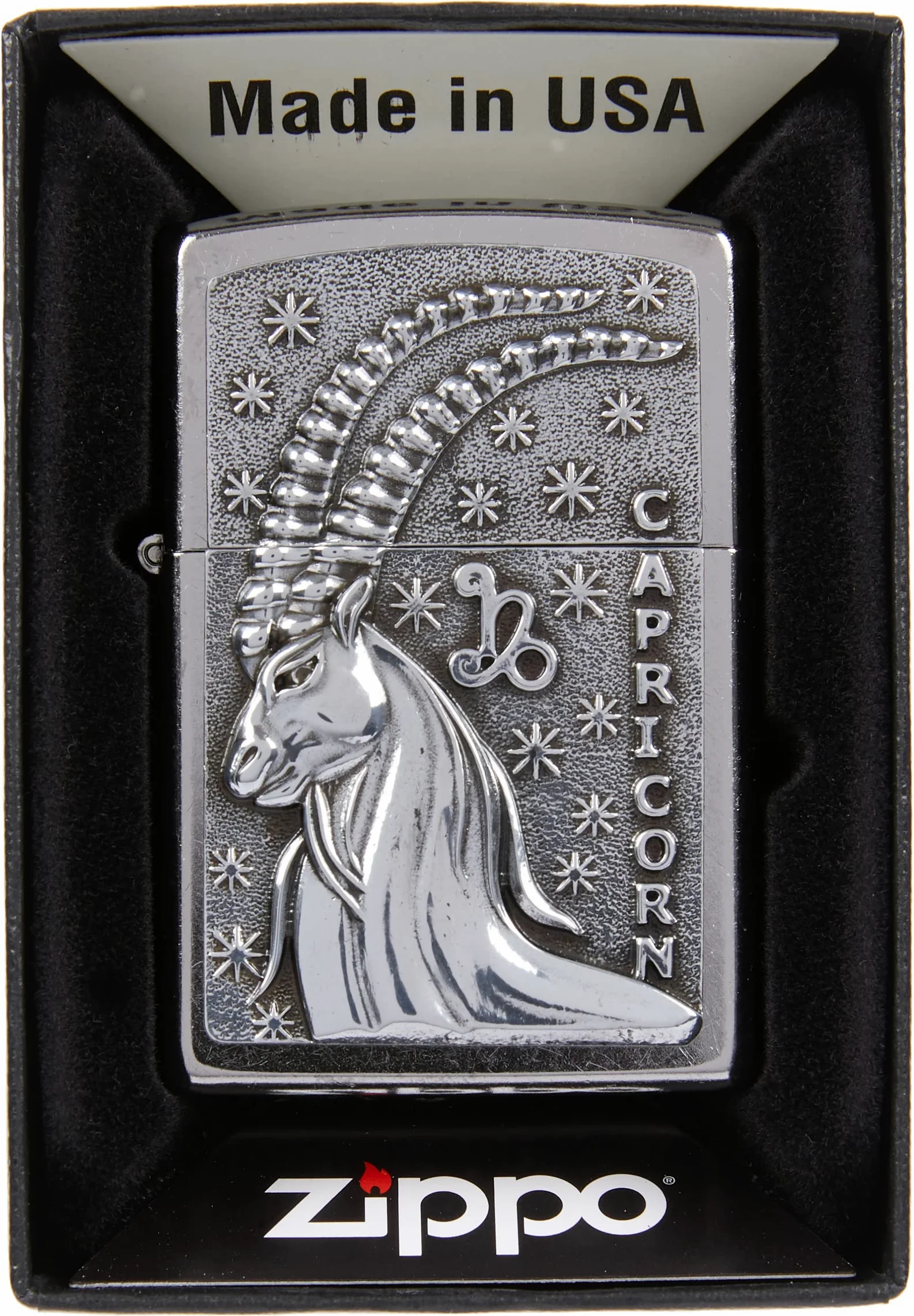 Zippo Briquet tempête – Motif Signe du Zodiaque Capricorne Street Chrome, emblème – Rechargeable – Réutilisable – Design Coupe-Vent – Boîte Cadeau – Fabriqué aux États-Unis