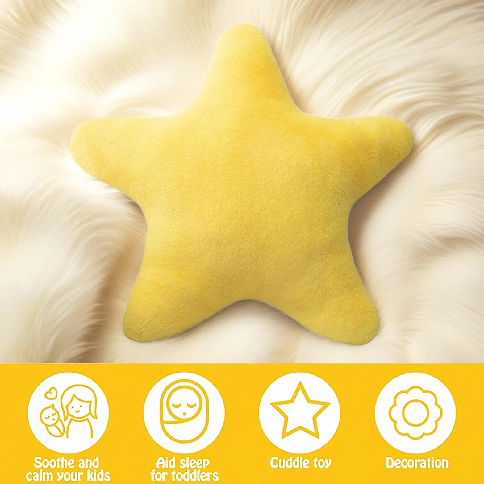 Children's Star Cushion Soft Fluffy Decorative Pillow for Bedroom Boys Girls Yellow 30cm