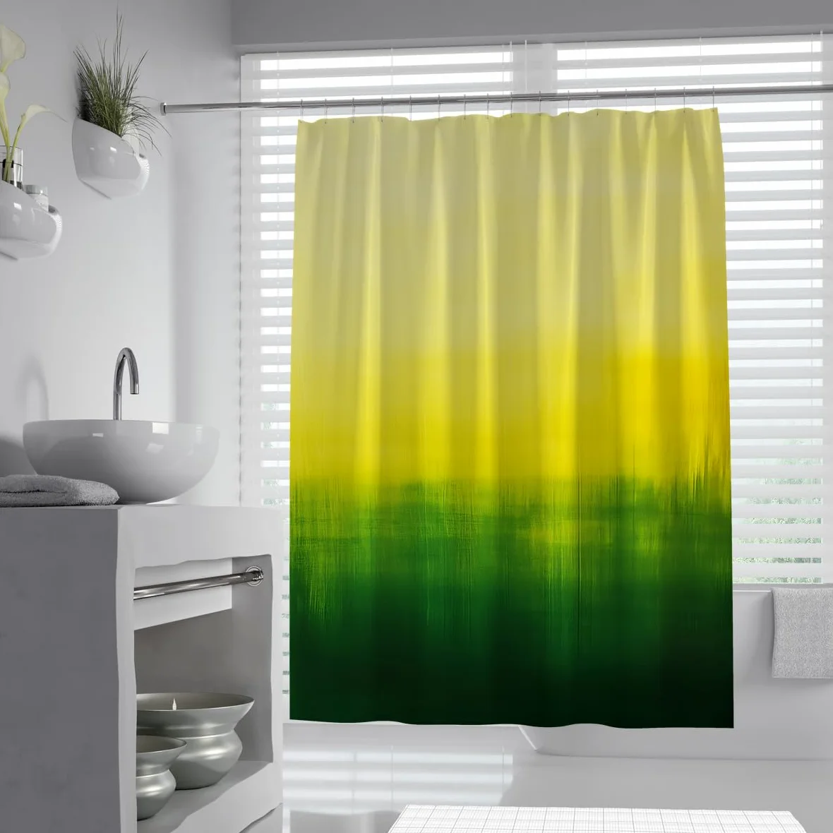 Rideau de Douche Abstrait Jaune Vert Texture dégradée de citronnelle éclatante Tissu imperméable Rideaux de Salle de Bain avec Crochets en Forme de C 200 x 220 cm