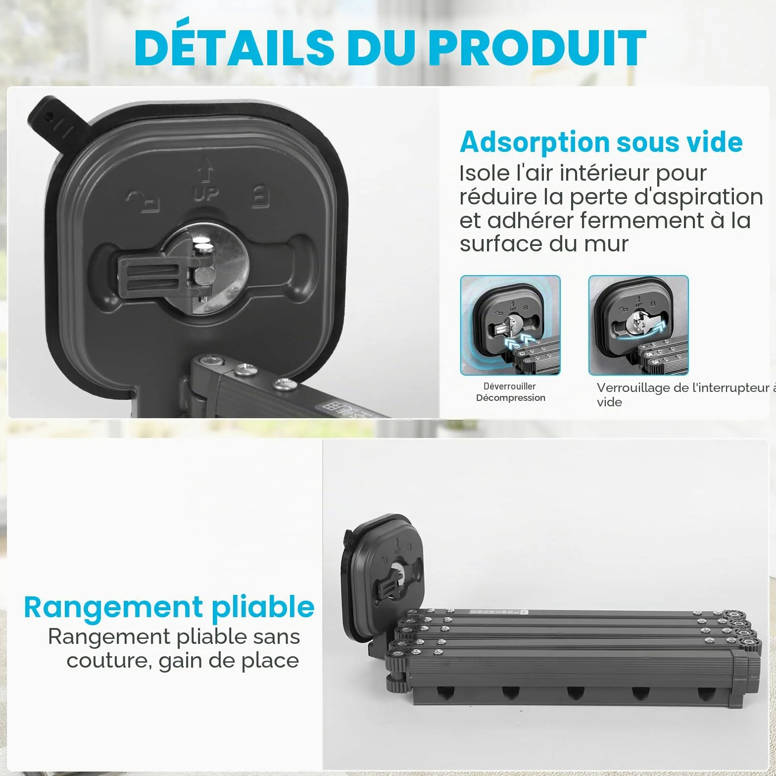 Tringle à rideau de douche pliable avec ventouse, sans perçage, étanche, montage mural, en forme de L/U, pour coin / baignoire (noir, 5 segments)