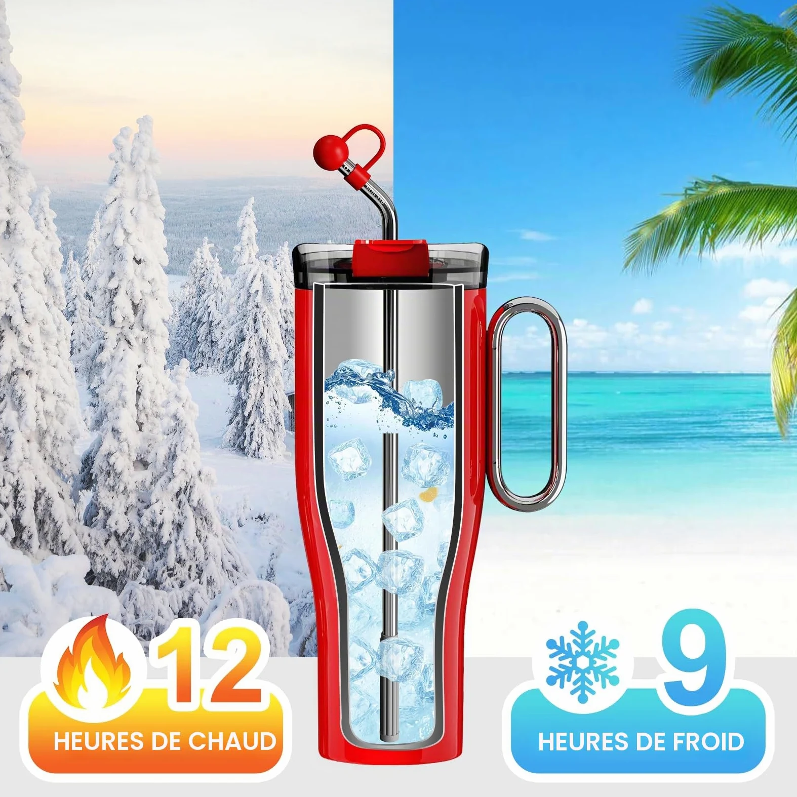 OTE Gobelet Isotherme 40 oz Avec Paille et Anse - Tasse à Café à Emporter Avec Couvercle Double Paroi en Acier Inoxydable - Tasse Sous Vide Pour Voiture