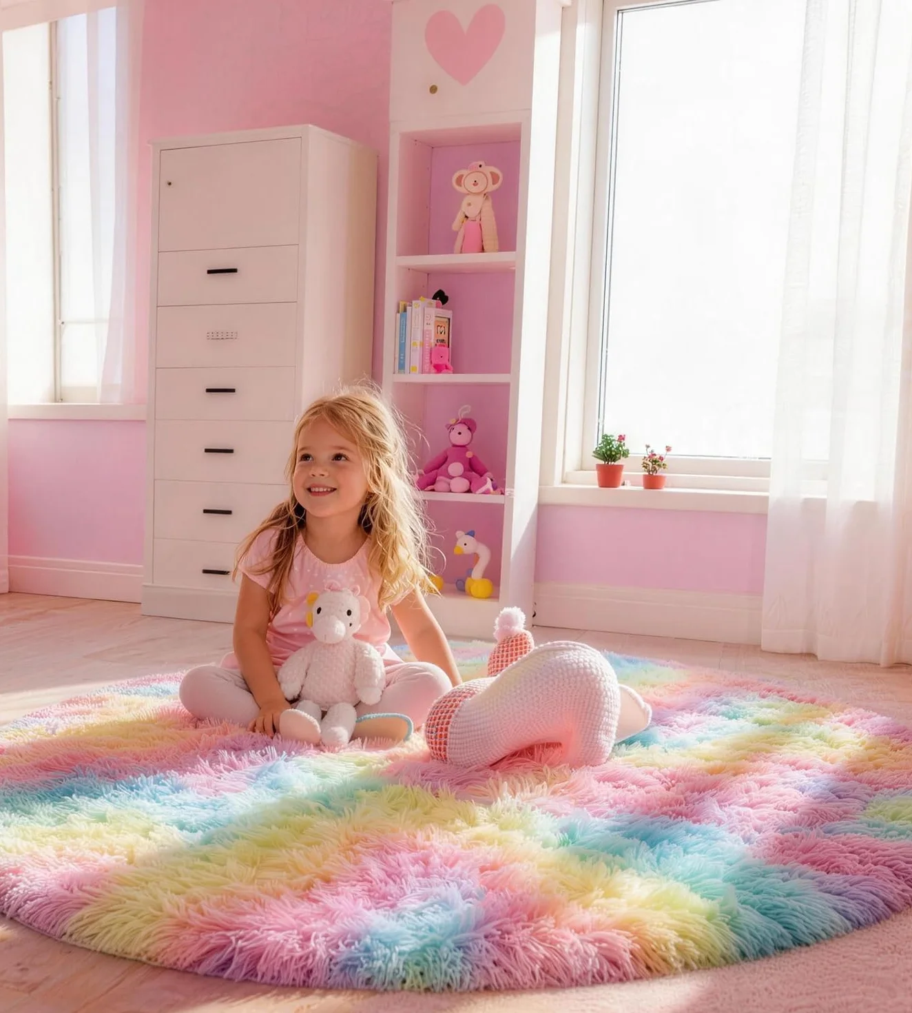 Tapis Rond 120 CM Arc-en-Ciel Lavable Antidérapant Ultra-Doux Fille Chambre