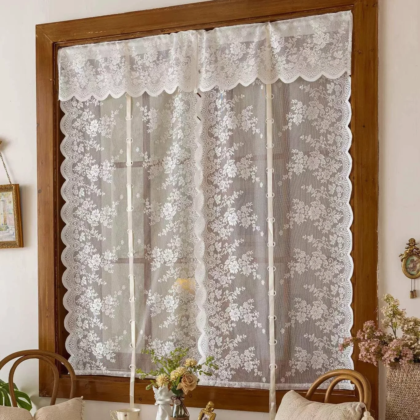 2 Pièces Français Rideaux de Ballon À Nouer, Rideaux Élégants Brodés À Fleurs Filtrant la Lumière AVCE Bords Festonnés et Passe-Tringle pour Cuisine(WxH80x240cm/31x94inch)