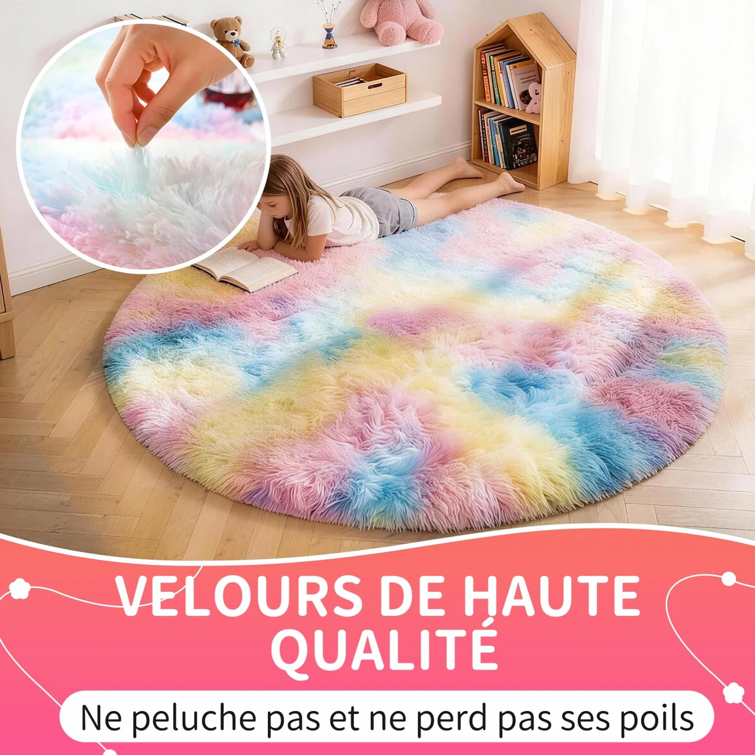 Tapis Rond 120 CM Arc-en-Ciel Lavable Antidérapant Ultra-Doux Fille Chambre