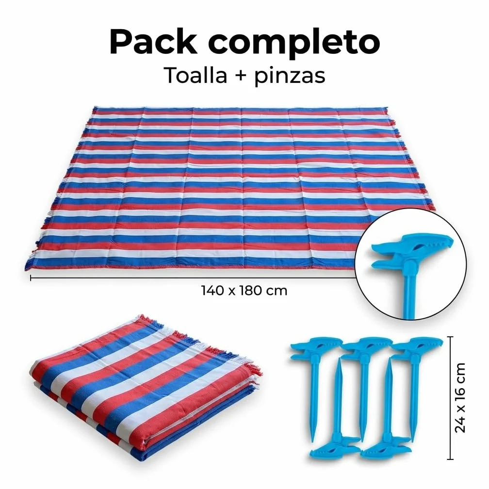 Pincho Lot de 2 grandes serviettes de plage avec pinces pour sable avec 4 pièces, anti-sable et séchage rapide XL 140 x 180 cm, rayures multicolores pour piscine et camping, avec franges