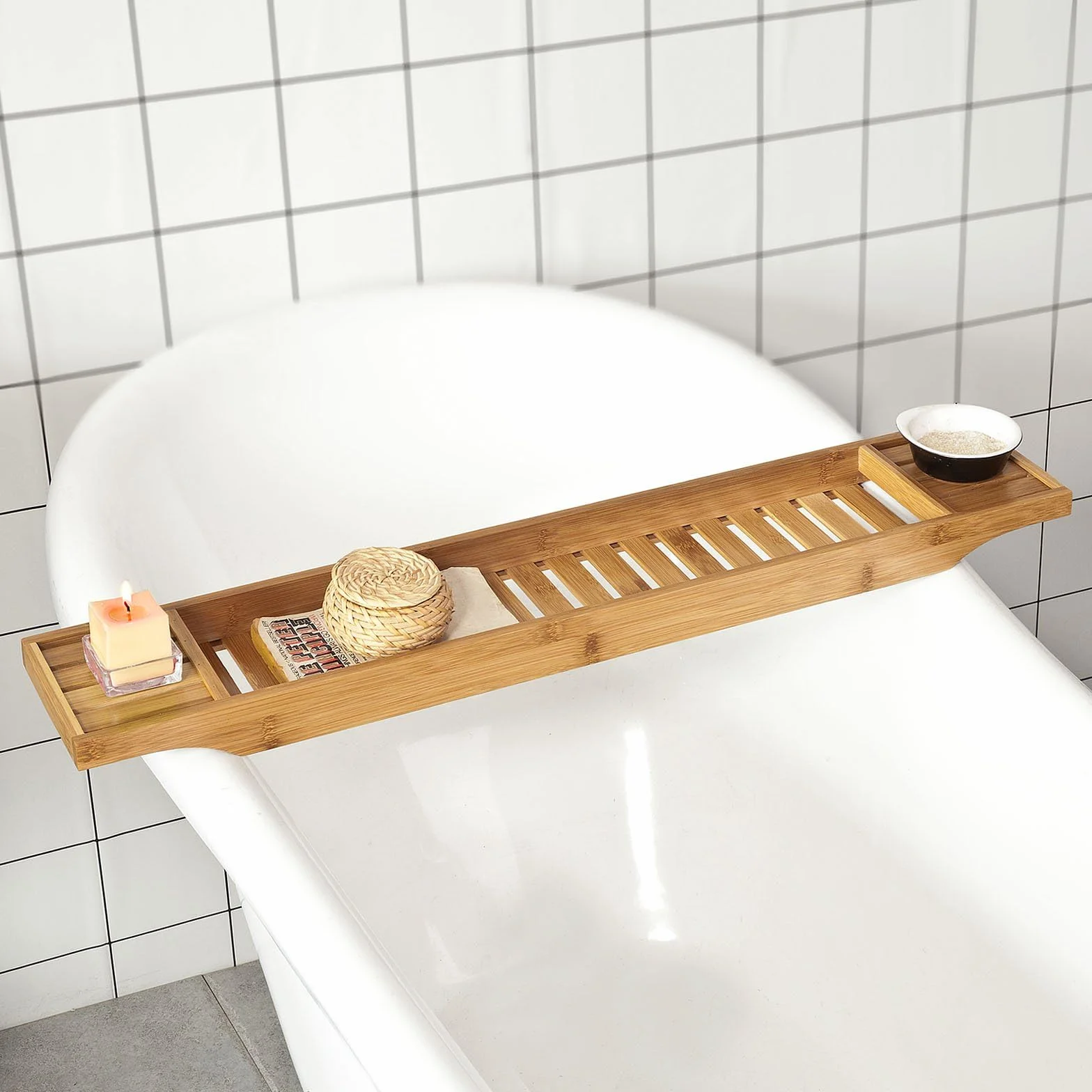 SoBuy Plateau de Baignoire en Bambou 80 cm – Pont de Baignoire en Bois pour Grandes Baignoires, Support Verre de Vin & Emplacement Bougie
