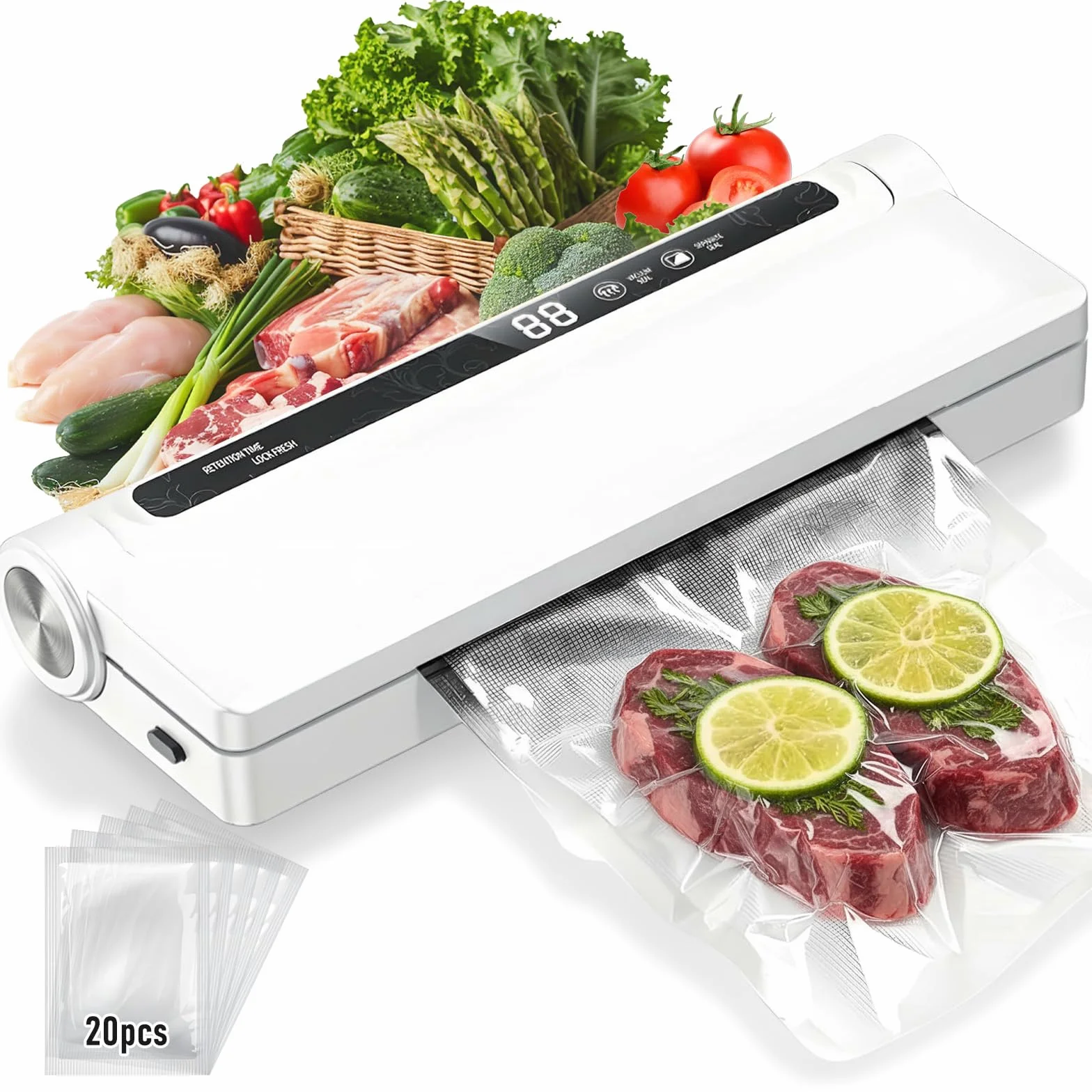 Machine Sous Vide Alimentaire 2 en 1, 60 kPa, Avec 20 Sacs, Mode Humide et Sec