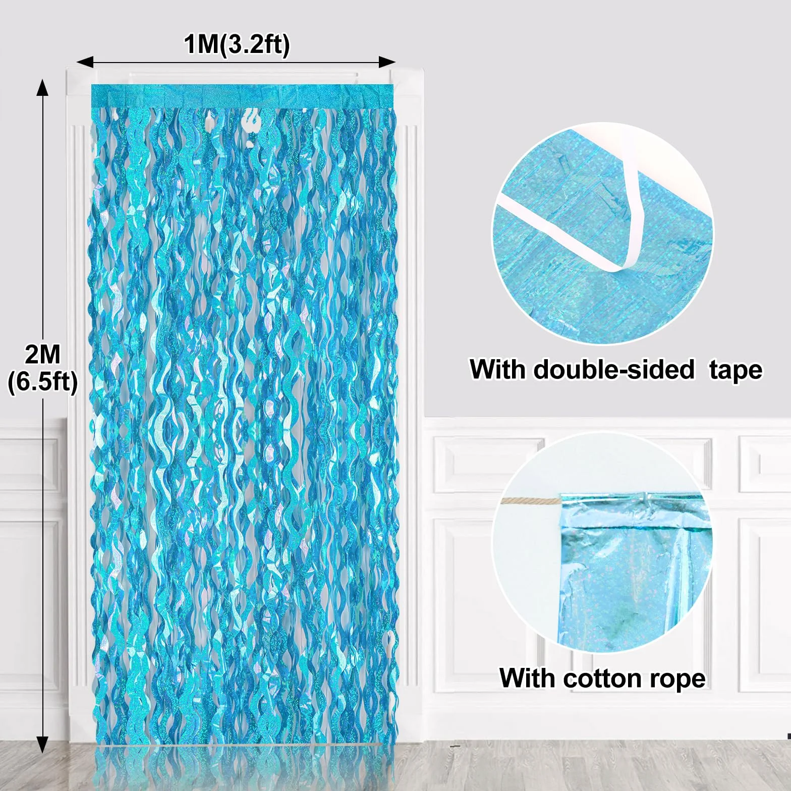 Rideau Décoratif Métallique Effet Ondulé G2PLUS 2 Rideau Franges Vagues Bleu pour Anniversaire Fille Fête Sirène