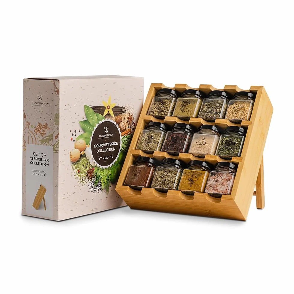 Lot de 12 pots à épices en bois - Recharge sur pied pour herbes - Coffret cadeau cuisine