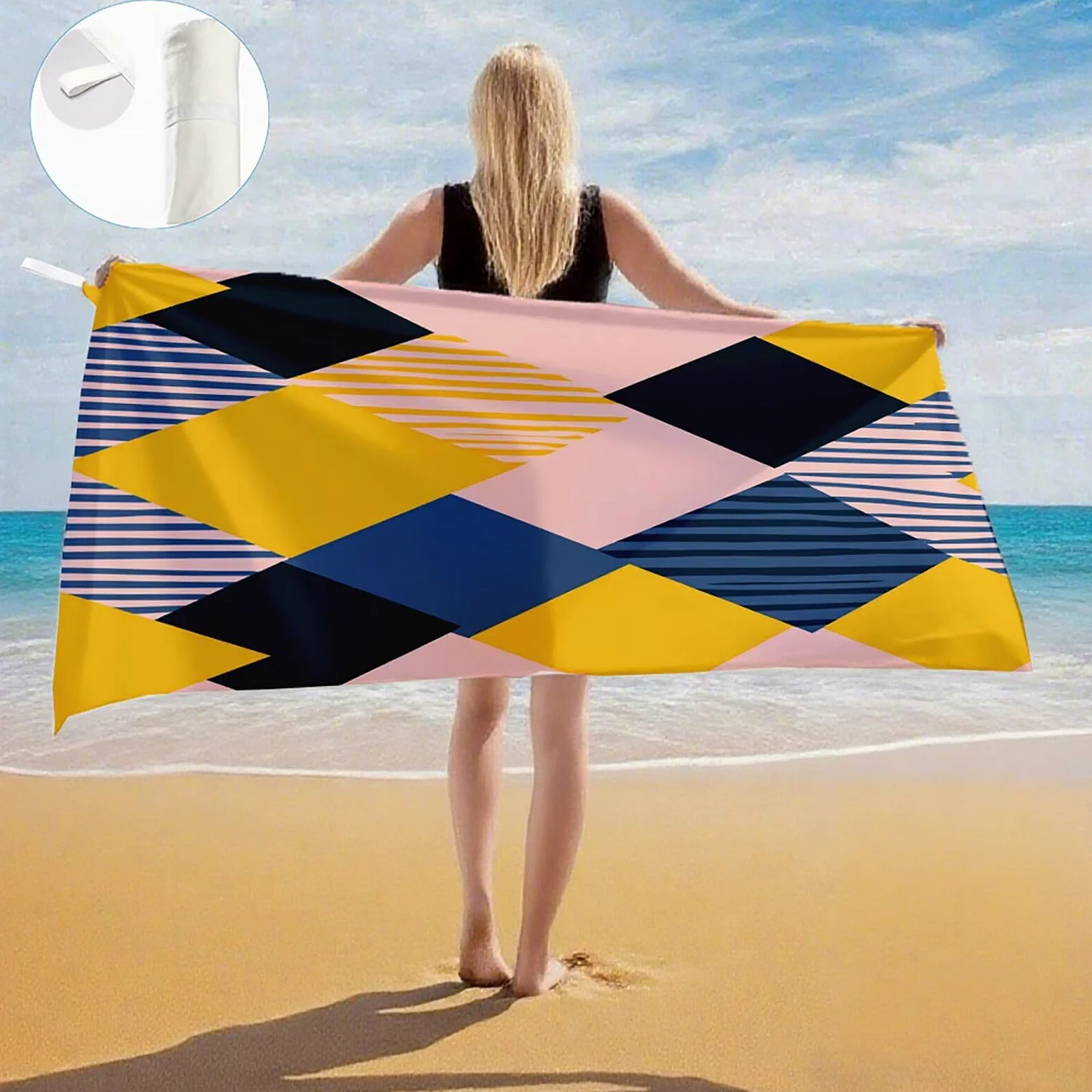 Serviette de Plage Microfibre Serviette Plage 100x220 2 Pack Séchage Rapide, Anti-Sable, Absorbante Fonction drap de plage xxl pour Bain, Sport, Voyages, Sauna, Piscine, Yoga, avec Sac Géométrie Q-780