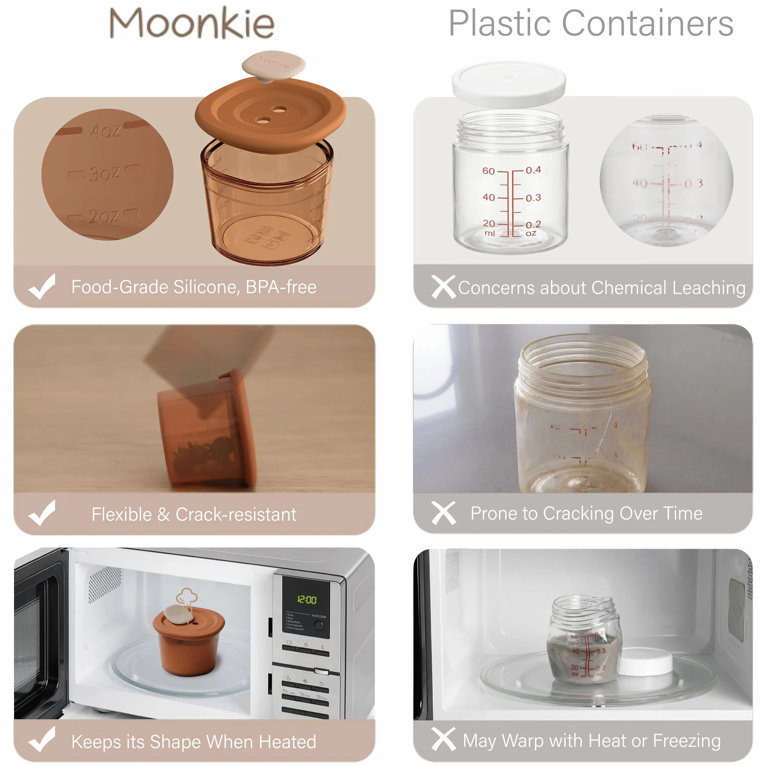 Moonkie Petit Pot Conservation Bébé Silicone Lot 6 Pots 120ml Hermétiques Graduation Sans BPA Résistent Choc Thermique Congélation