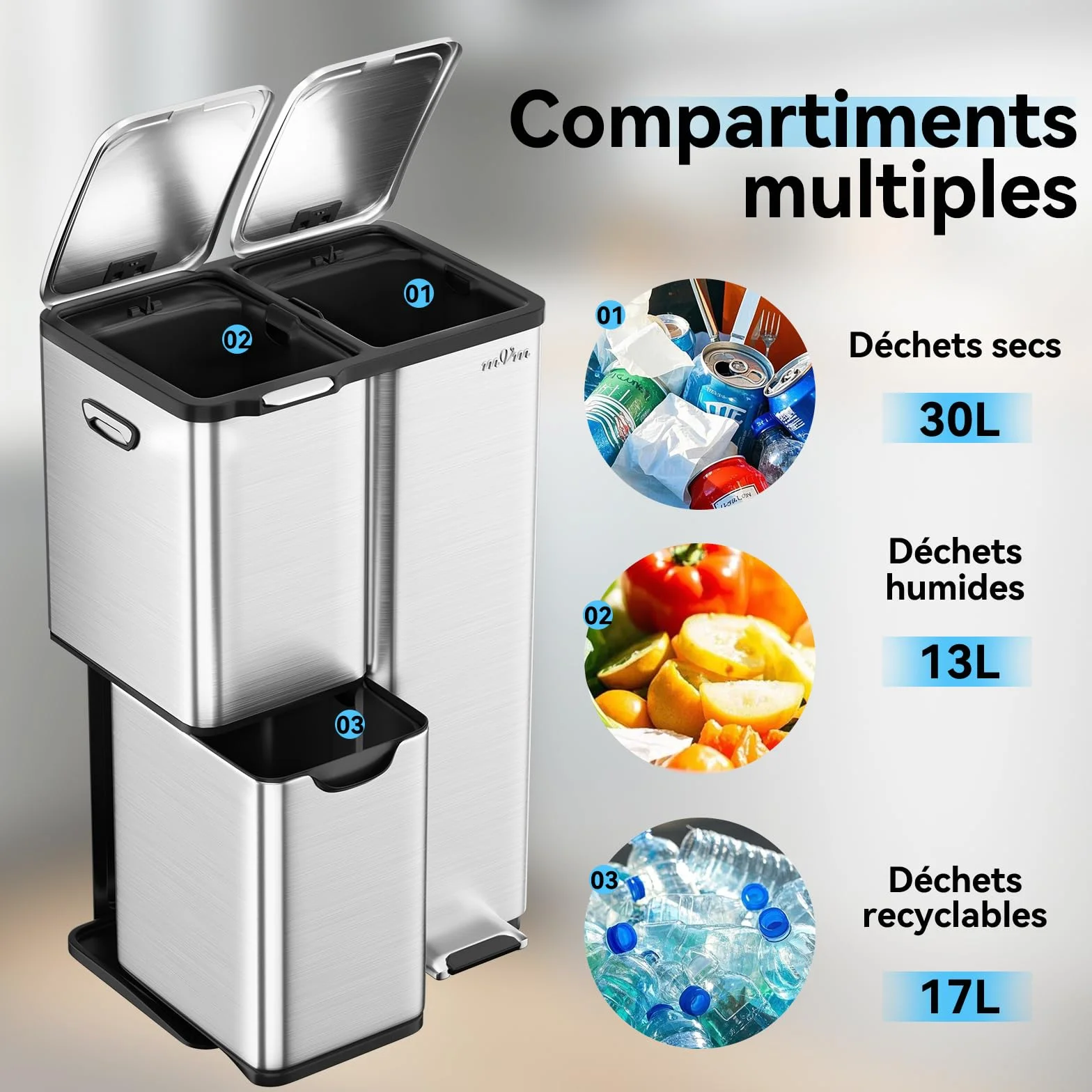 mVm Poubelle de Cuisine Triple 3 Compartiments 60L Acier