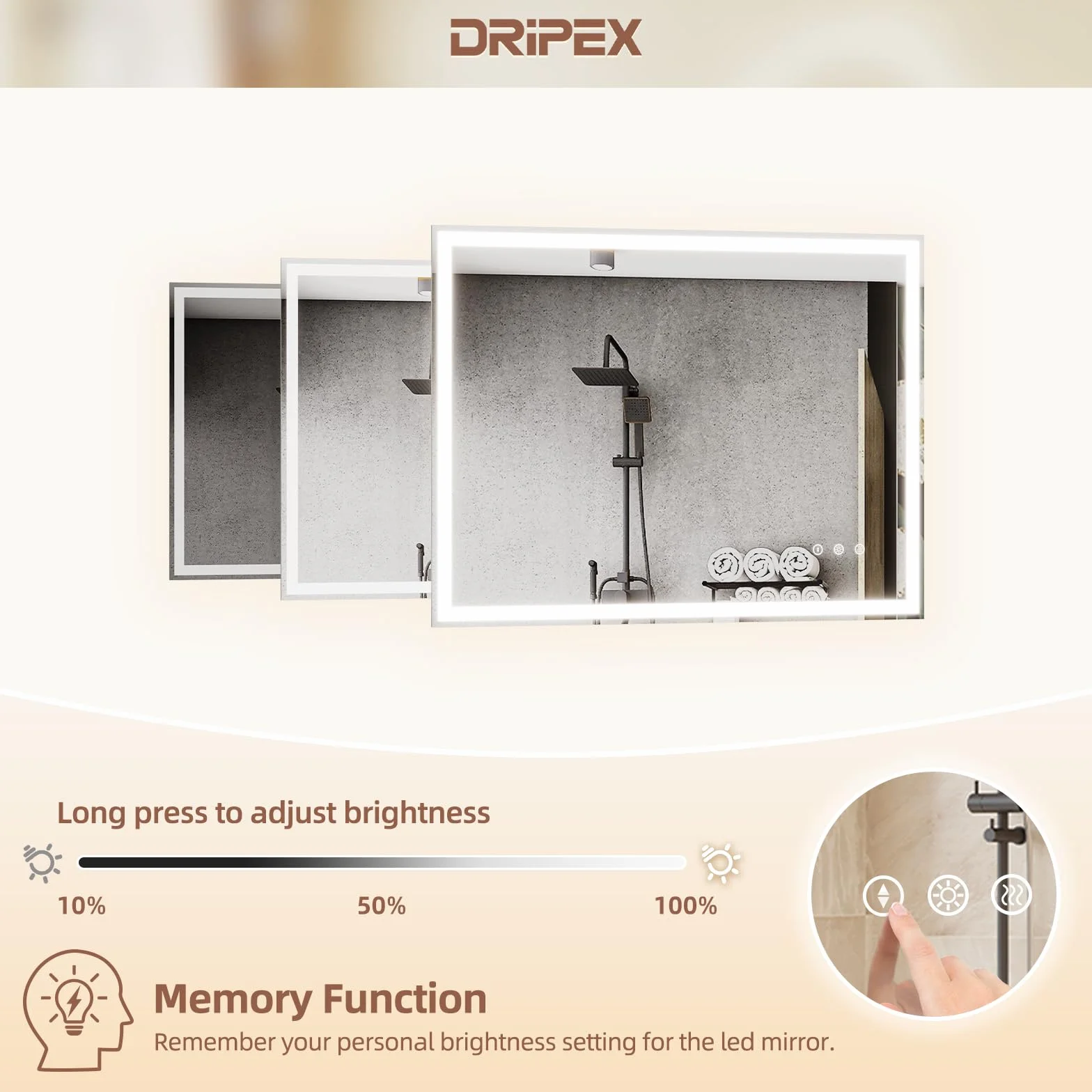 Dripex Miroir Salle de Bain 60x80cm avec éclairage, Dimmable, 3 Couleurs, Mémoire, Tactile
