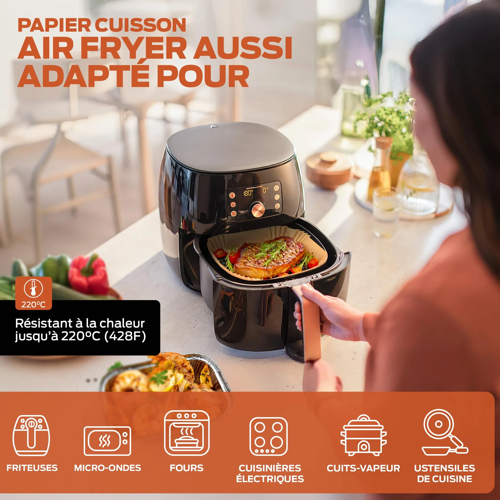 PORTENTUM Papier cuisson air fryer 100 pièces Food-Grade sans BPA 20×24 cm adapté friteuses 5–8 L