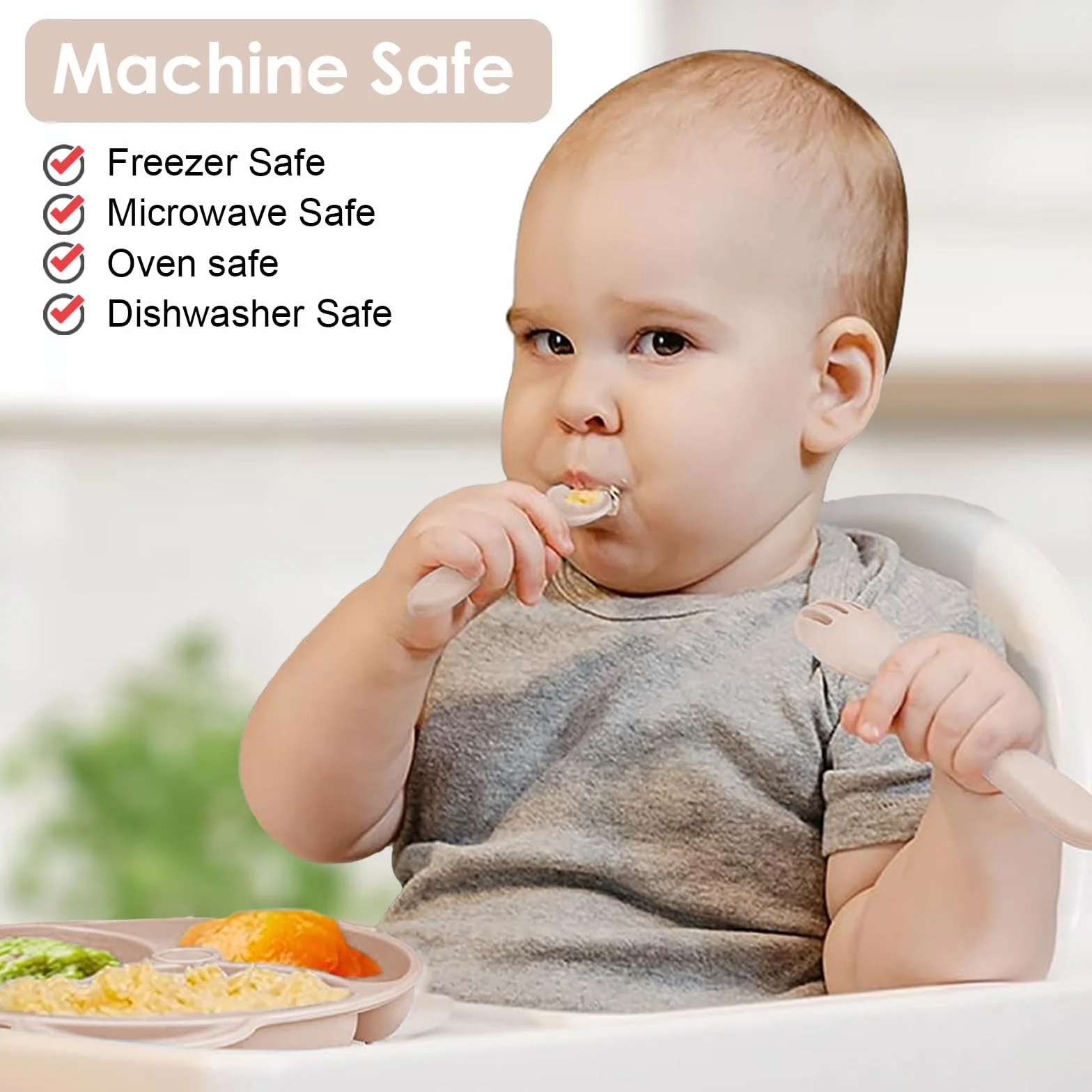 Coffret Repas Bebe Silicone 14 pièces Assiette Bol Fourche Cuillère Bavoir Tasse Set Couverts Vaisselle Sevrage Manger Beige