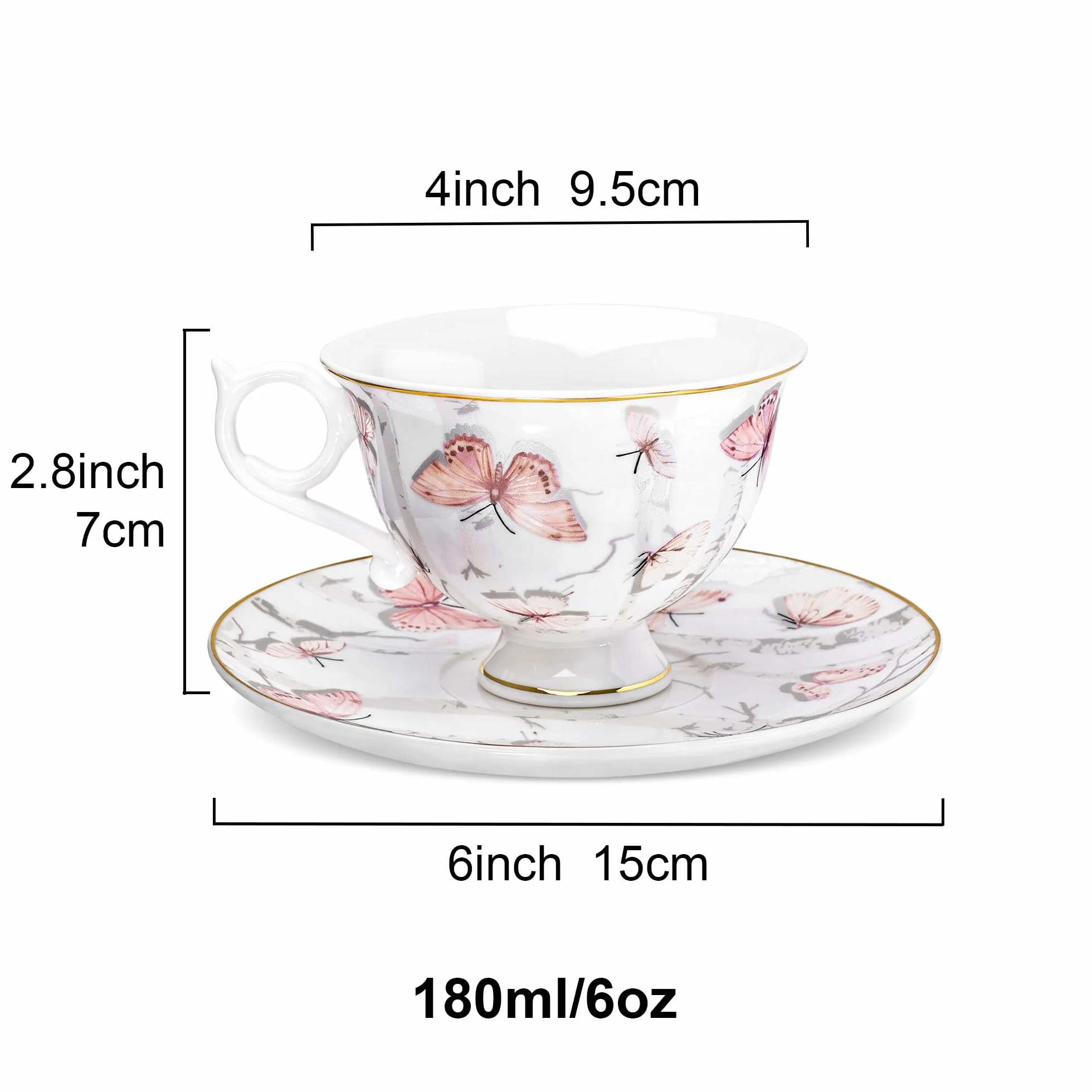 fanquare Elégantes Lot de 6 Ensembles Tasses et Soucoupes en Porcelaine Fine 180ml, Set de Tasses et Soucoupes Motif Papillon Rose clair avec Bord Doré Thé et Café pour Maison Cuisine Mariage