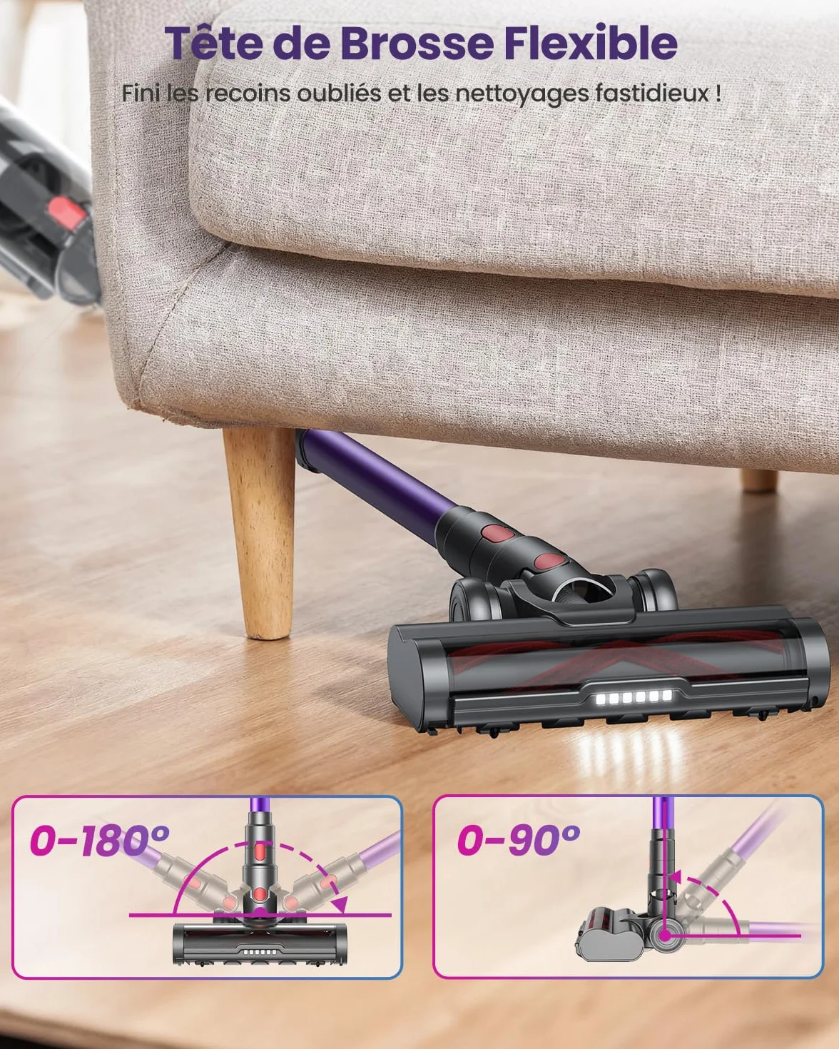 Aspirateur Balai Sans Fil 150Min 55KPA 600W 2 Batteries Brosse Anti-Enchevêtrement Support Mural Rechargeable Écran LED pour Poils d'Animaux Tapis Sols Durs