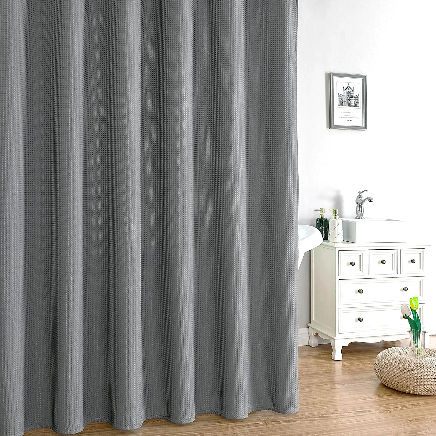 MISS SELECTEX Rideau de douche extra large en tissu épais gaufré pour salle de bain, rideau de douche en tissu imperméable et durable lavable en machine (450 x 183 cm, gris)