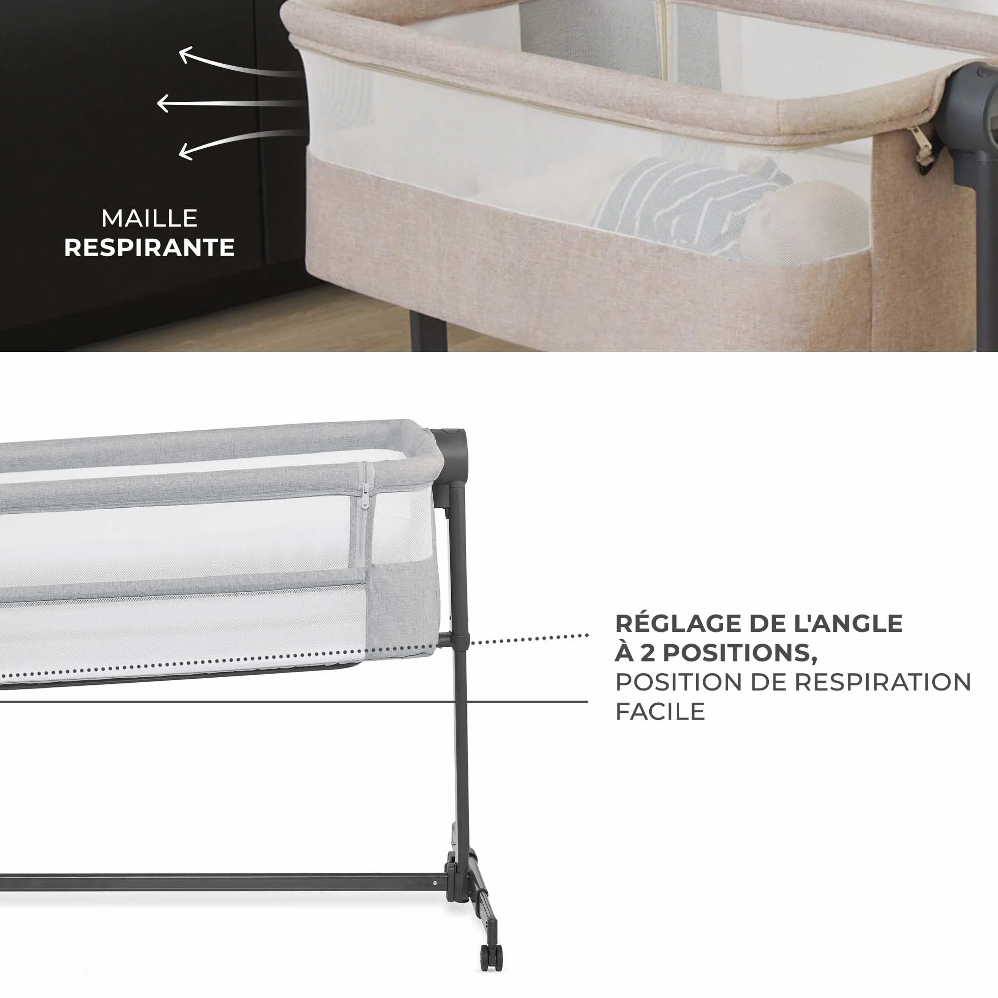 Kinderkraft NESTEE UP 2 Lit bébé cododo avec matelas, réglage hauteur, pieds réglables, gris clair