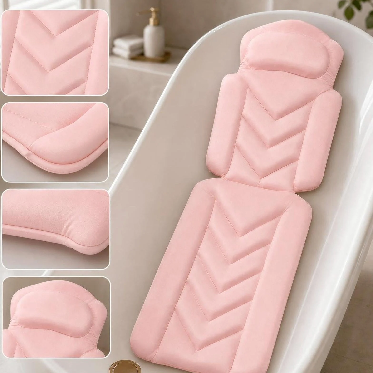 Tapis de Baignoire Antidérapant Adulte Coussin Intégré Respirante Polyester Ventouses Fixation Stable Lavable Confort Accessoires Baignoire, Rose