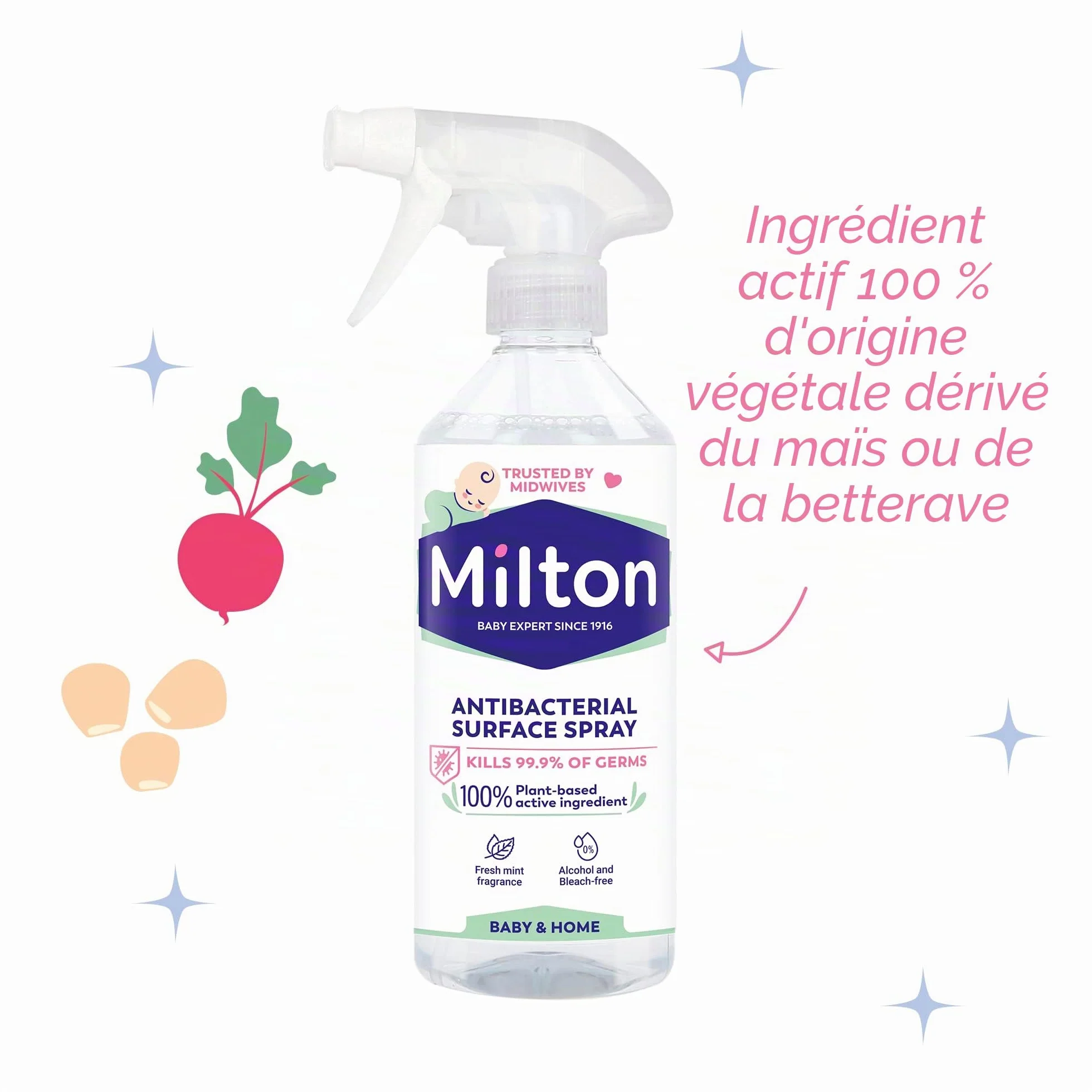 MILTON Nettoyant Désinfectant Multi Surfaces Spray 500ml Sans Javel Actif Végétale