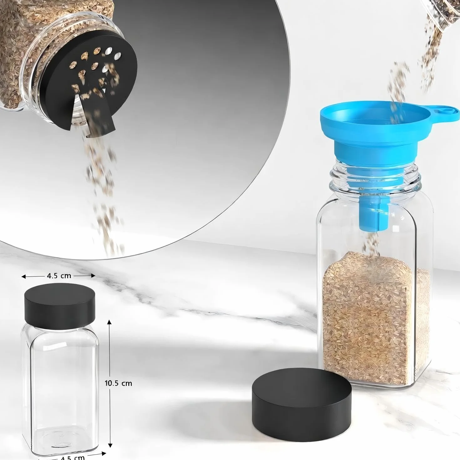 Pots à épices carrés 120 ml lot de 24 avec couvercles, inserts saupoudre, entonnoir, passoire et 340 étiquettes