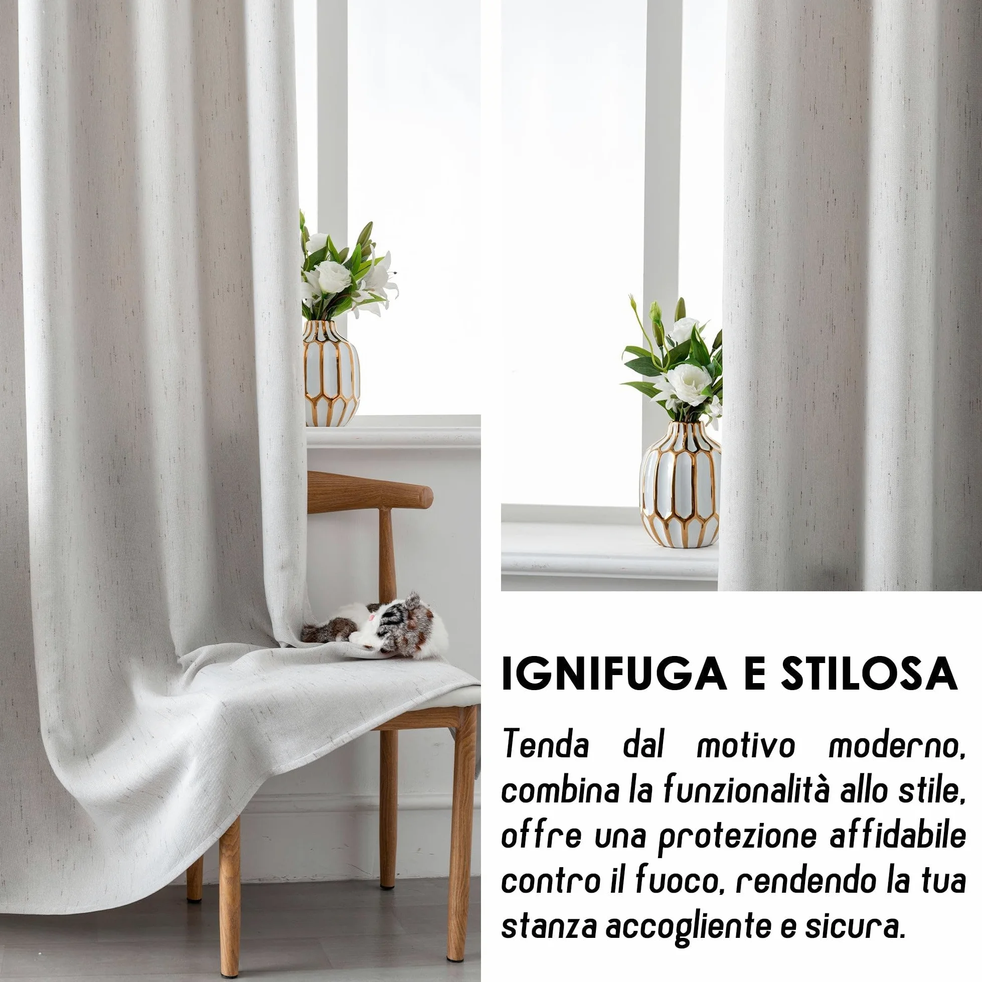 GIRASOLE HOME Paire de rideaux Pantelleria semi-opaques, anti-flamme, motif à rayures, tissu ignifuge certifié, 2 panneaux de 140x260cm avec œillets, gris clair