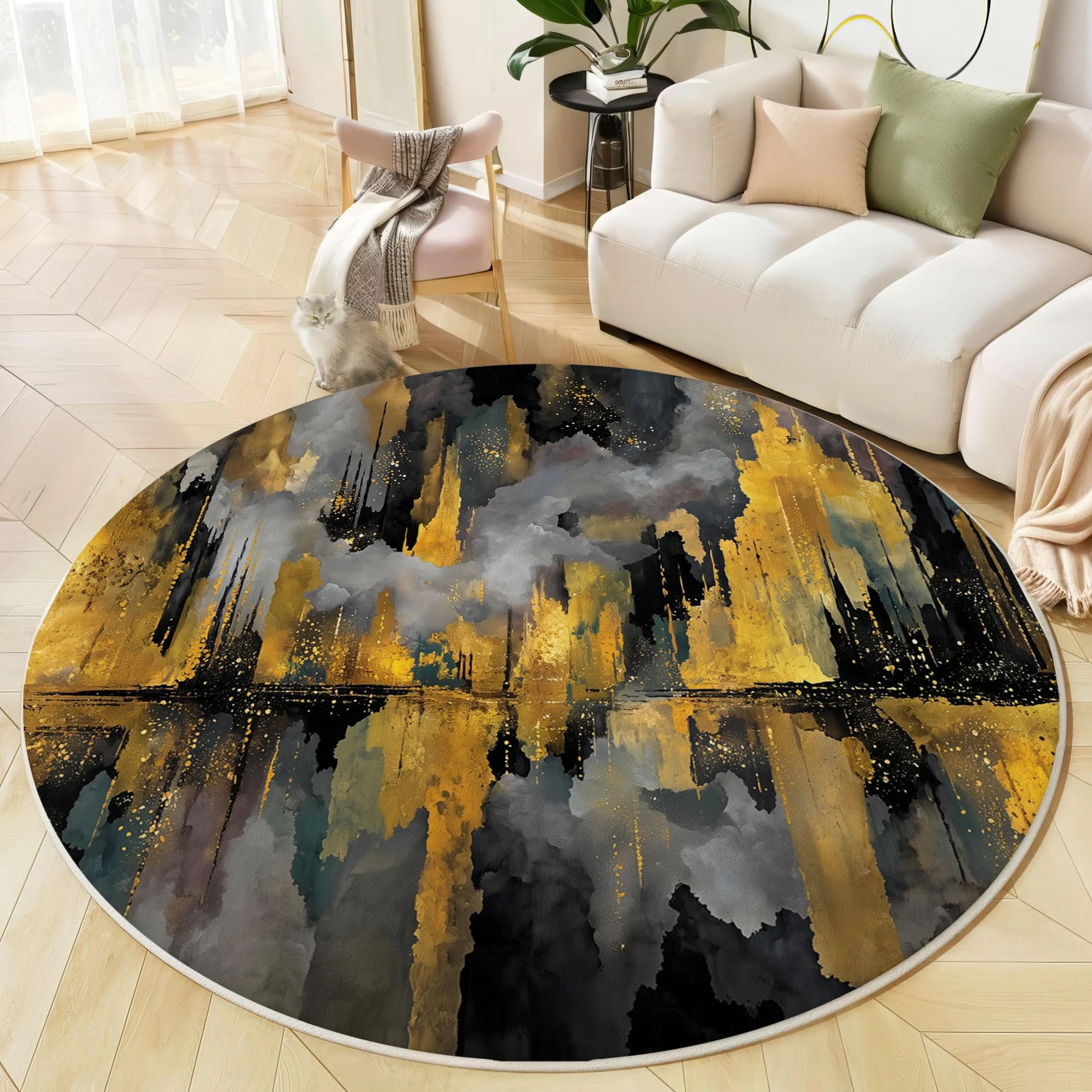 Tapis Rond De Ville en Feuille d'or Tapis Peinture À l'huile Abstraite Fin, Moquette Or Noir Doux Antidérapant Lavable pour Chambre À Coucher Entrée Salle À Manger Dortoir Familial, 100 Cm