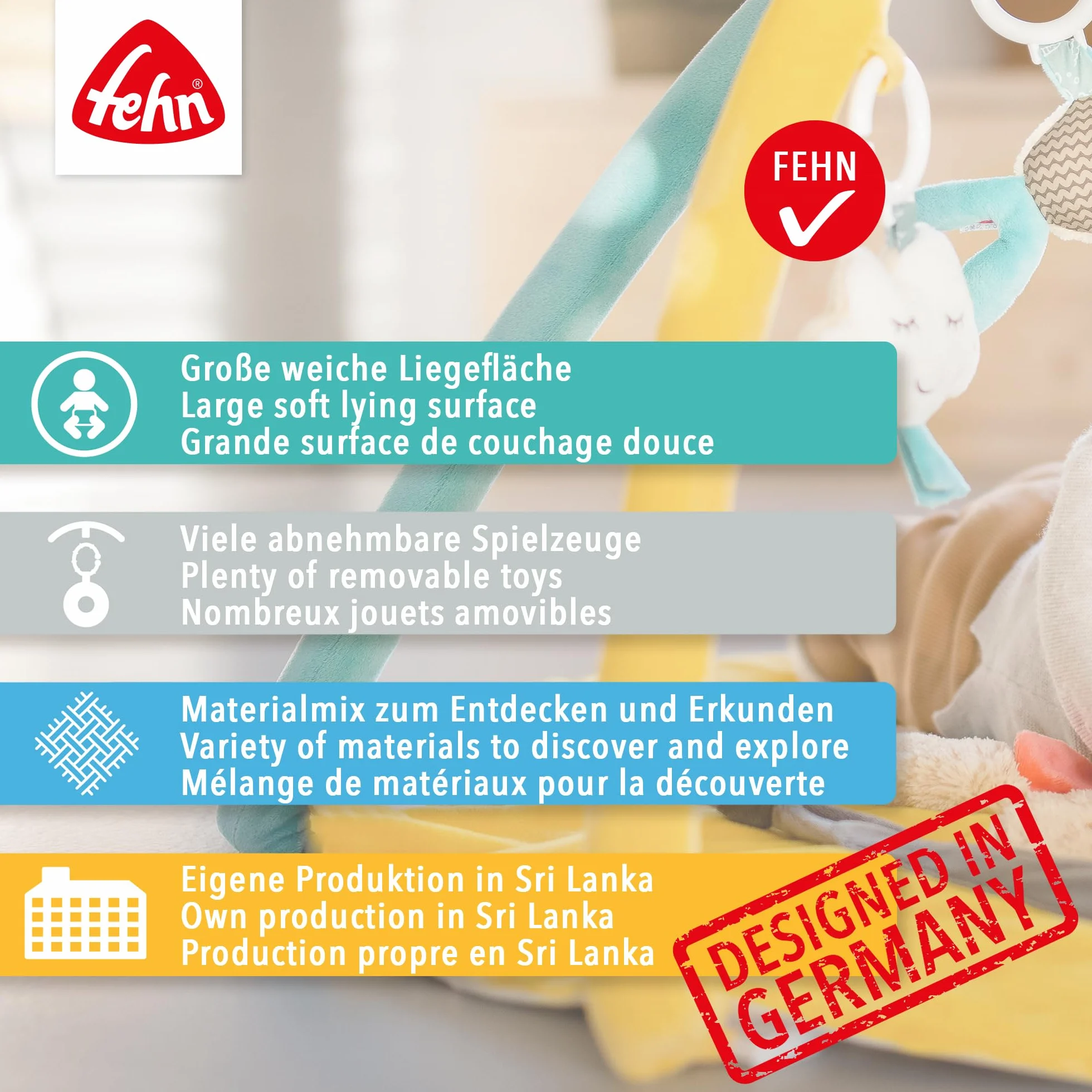 Fehn Couverture d'activités 3D Arche de jeu mouton avec 5 jouets amovibles pour bébés dès 0+ mois