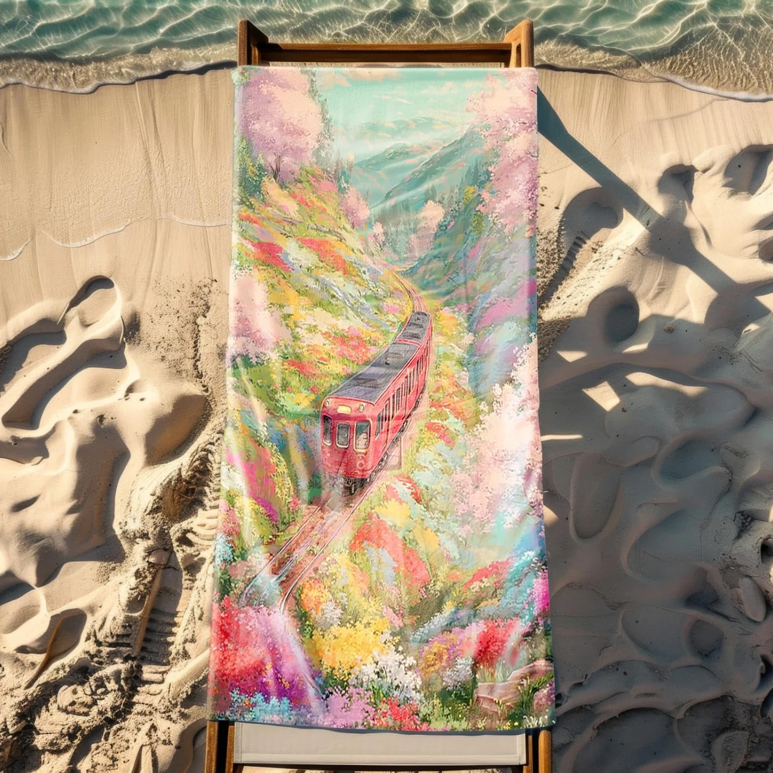 Tapis de Plage XXL Anti Sable Train, Fleurs Roses Serviette Piscine Adulte,Natte De Plage Pliable, Voyage Accessoires De Plage Camping,Serviette de Bain Personnalisée