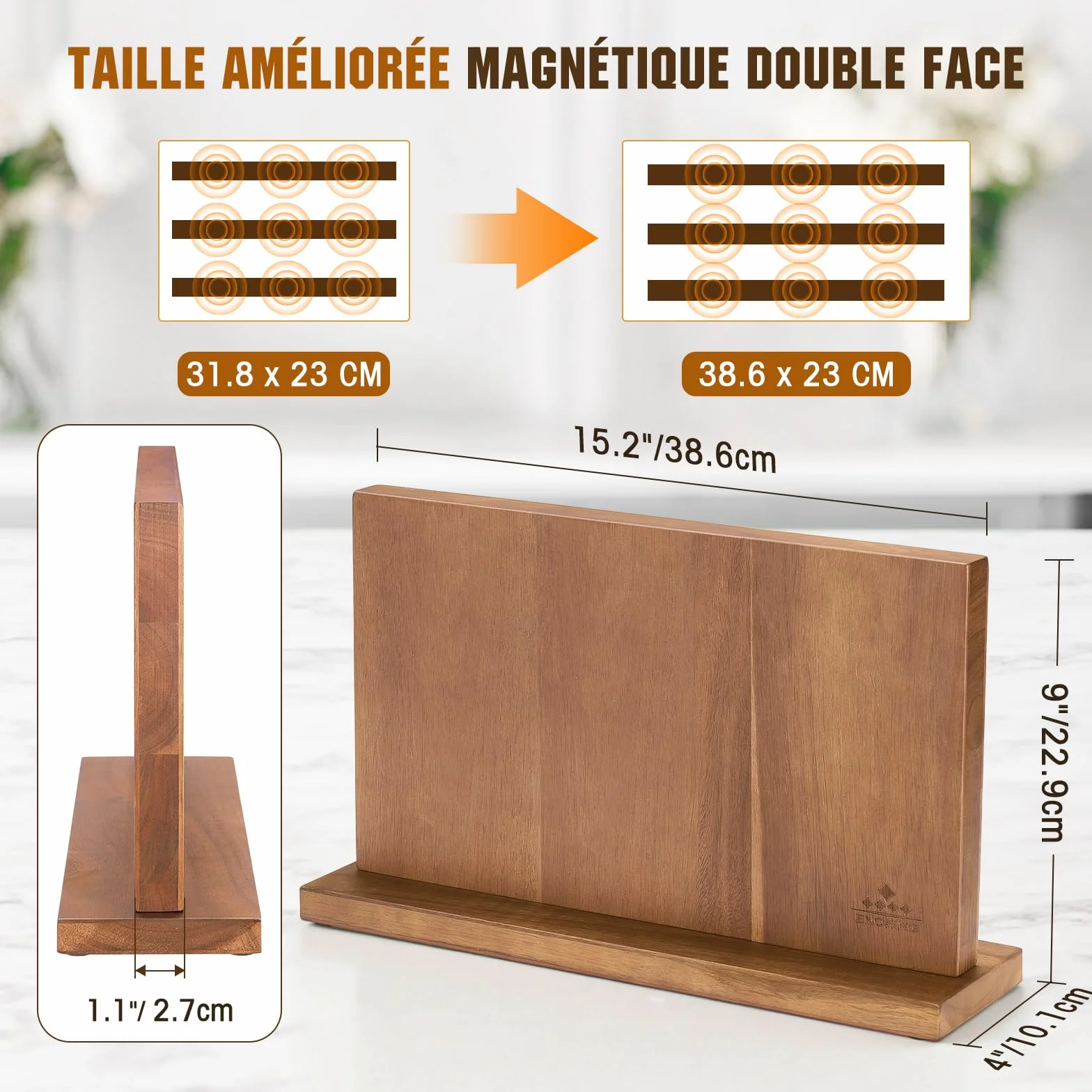 ENOKING Bloc à Couteaux Magnétique 38,6 x 23 cm Double Face Bois d'Acacia