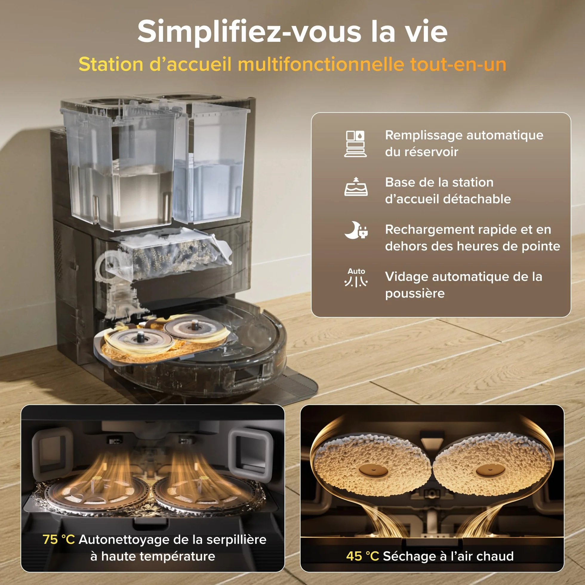 Roborock Qrevo S Pro Robot Aspirateur Laveur 18 500 Pa 45 °C Séchage à l’air Chaud 75 °C Autonettoyant