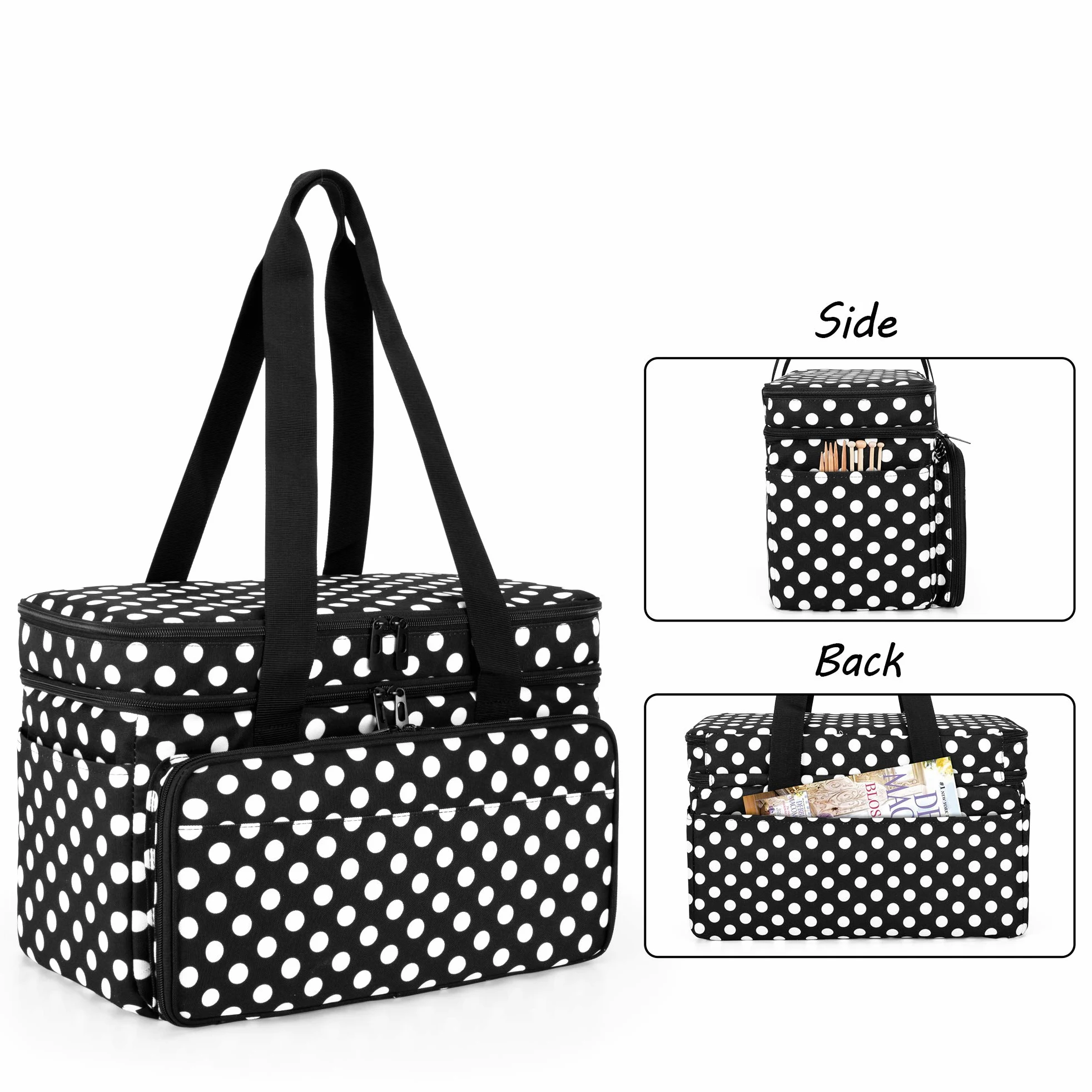 CURMIO Sac à Tricot Double Couche, Rangement pour Laine Crochets, Pois | Plusieurs Élastiques & Compartiments, 4 Œillets, Bandoulière, pour Aiguilles à Tricoter & Projets de Tricot, Sac Uniquement