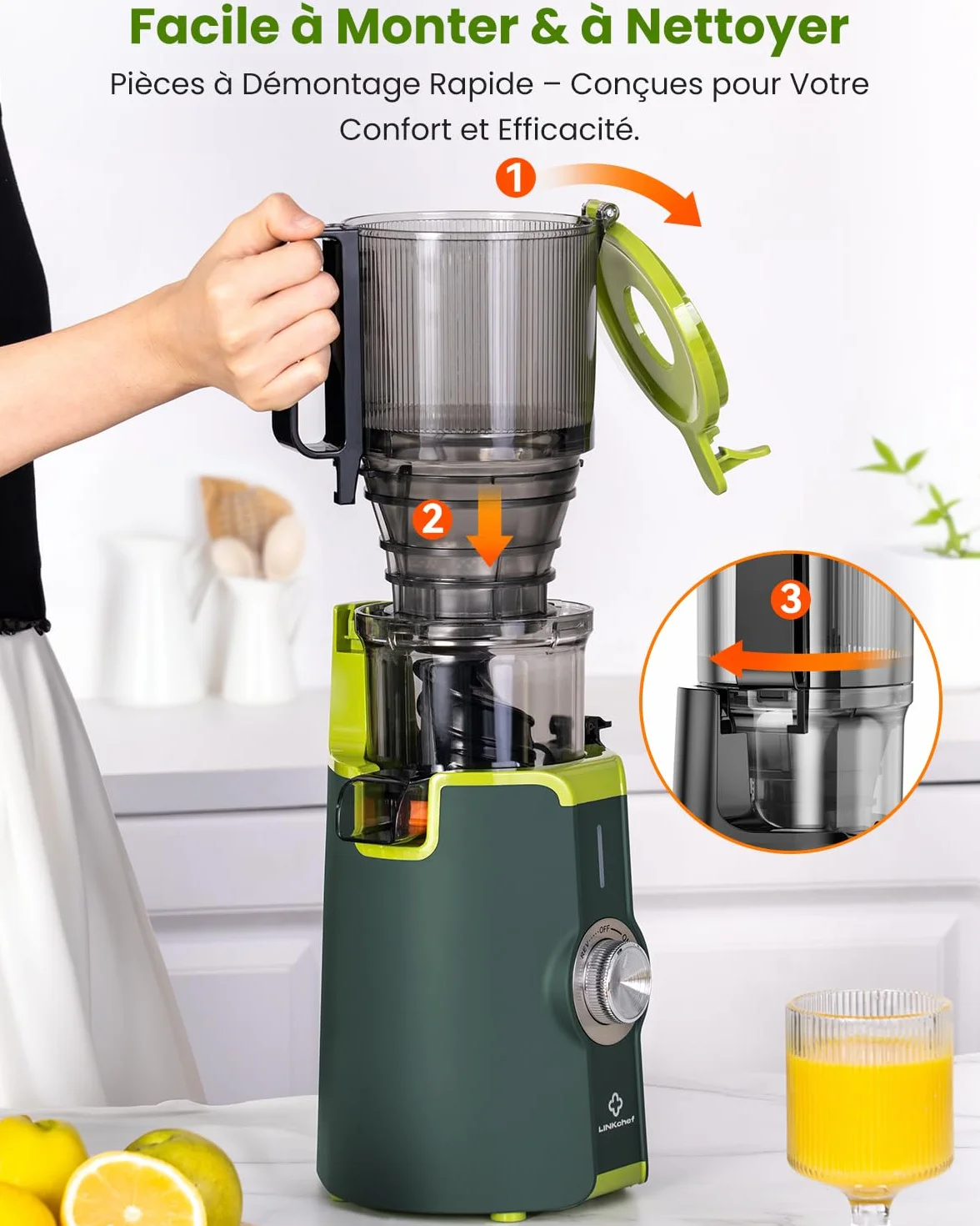 LINKChef Extracteur de Jus Vertical Slow Juicer 200W Goulot Large 115 mm Fruits Légumes Entiers Sans BPA Vert