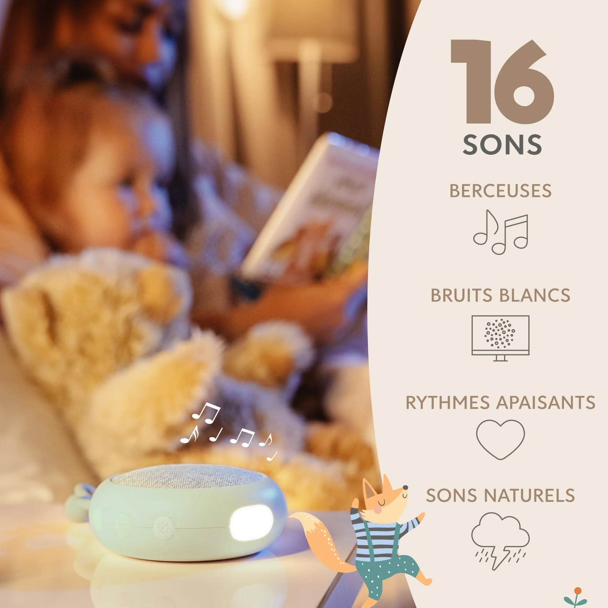 Sweety Fox Bruit Blanc Bebe Veilleuse 15 Sons USB Rechargeable Vert