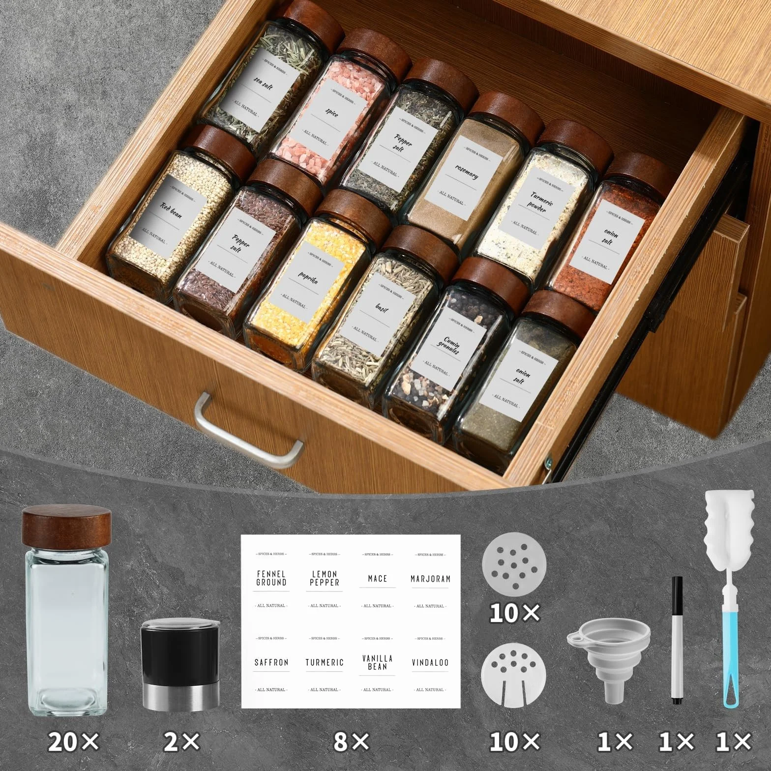 FRIBERG Pot à Épices en Verre et Bois, 20 Bocaux 120ml, 2 Moulins avec Étiquettes