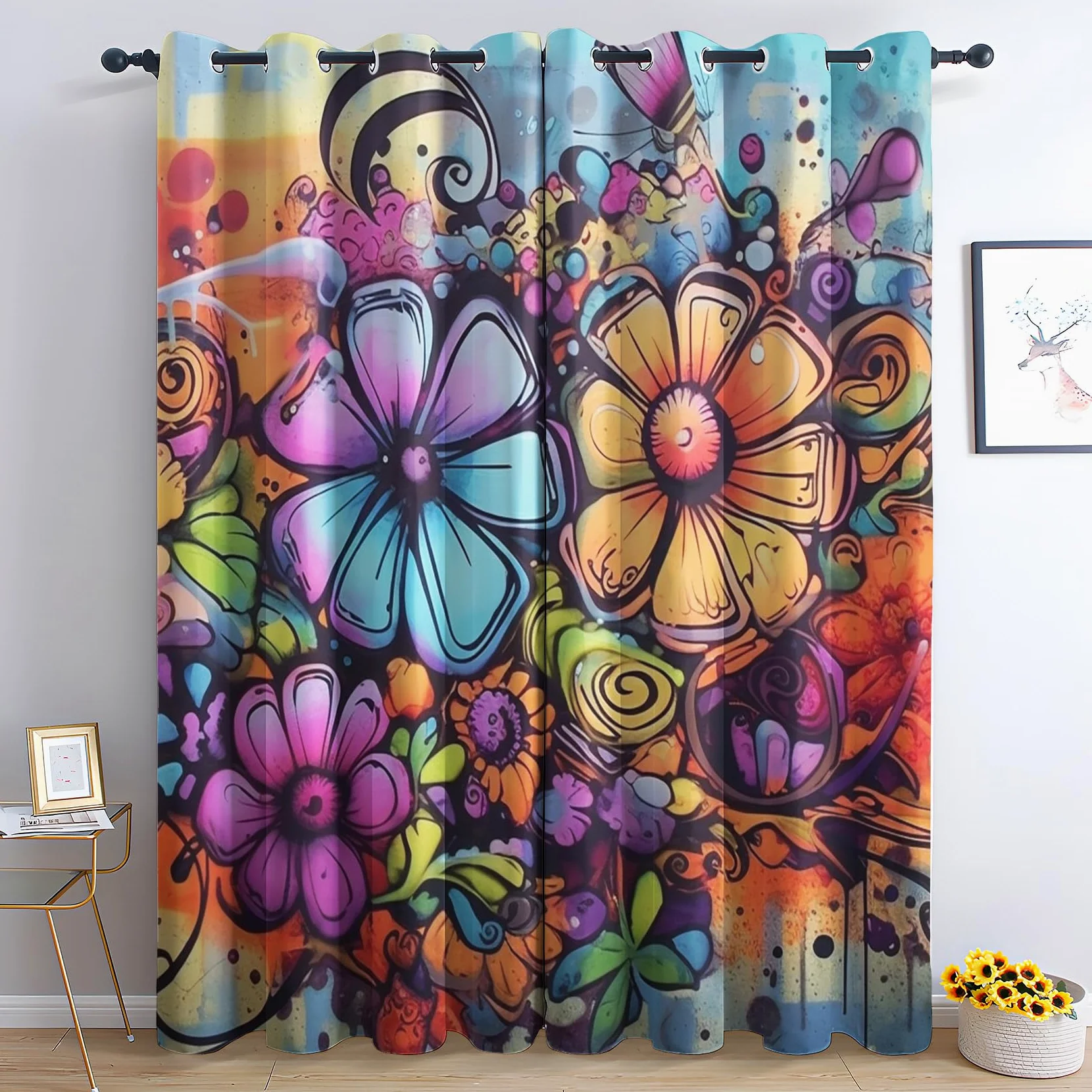 Rideau Occultant Graffiti, Rideau Isolant Thermique pour Salon Chambre, Rideaux Motif Floral, Rideau Opaque à Oeillets, Lot de 2 Rideaux et Draperies Intérieur 140x240cm LxH