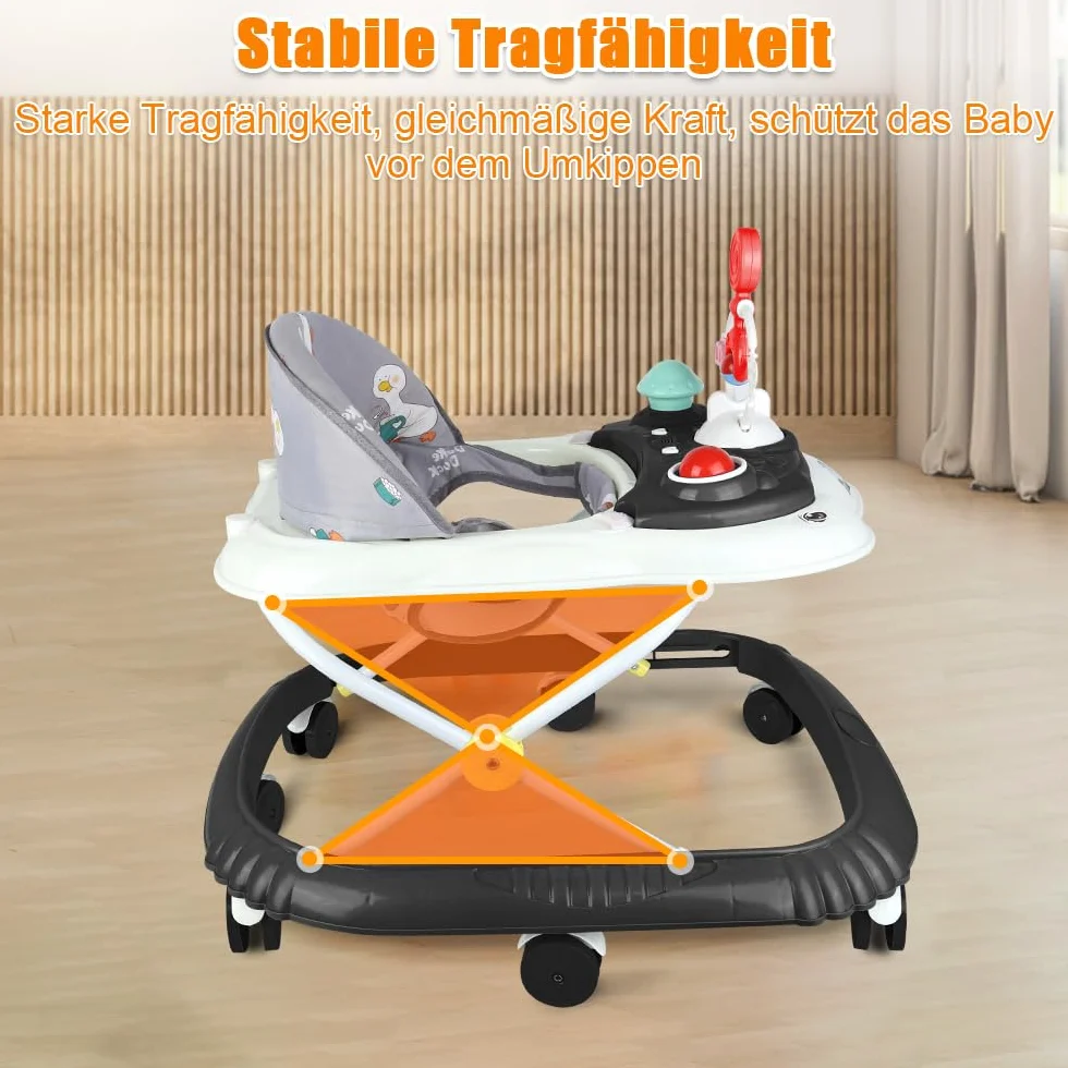OHMG Trotteur Babywalker 5 en 1 Chariot d'éveil et de marche avec Fonction basculante Transat, Lumière, Musique, Table à manger Pliable